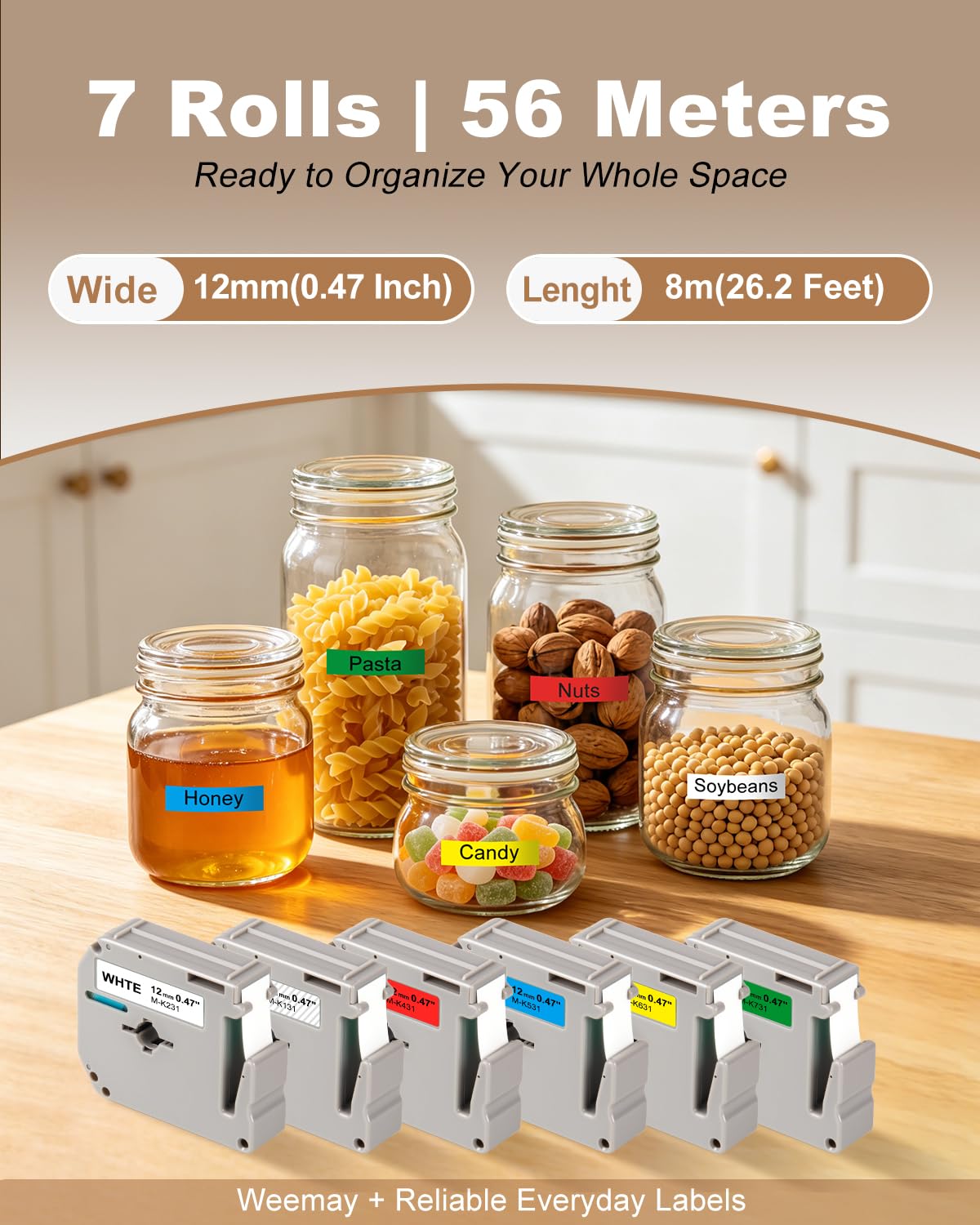 Weemay Lot de 7 rubans adhésifs couleur M compatibles avec étiqueteuse Brother 12 mm 0,47 M-K231 MK131 MK431 MK531 MK631 MK731 MK Series pour étiqueteuse P Touch PTM95 PT-90 PT-80 PT-70 PT-65 PT-45M