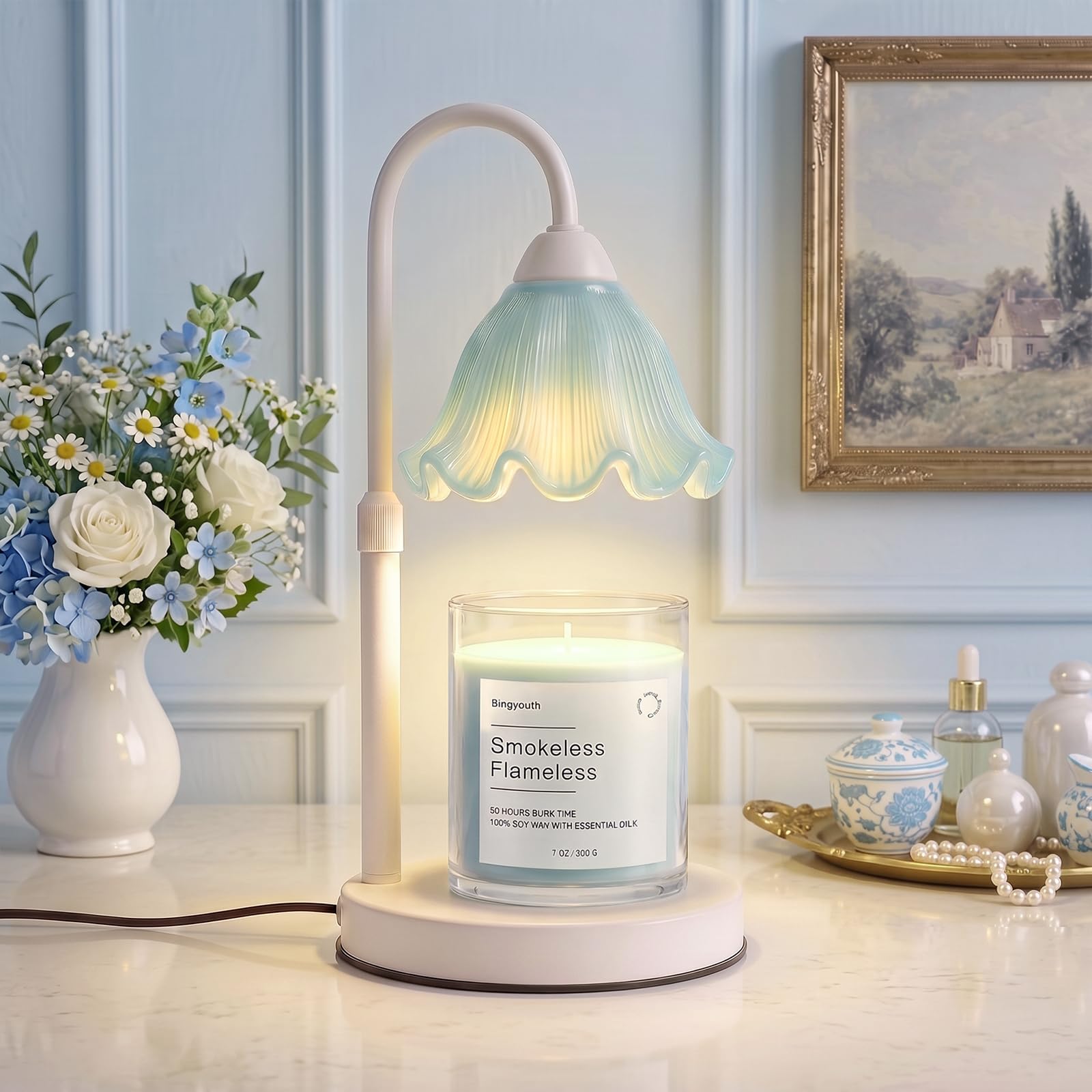 Candle Warmer Lamp with Timer and Dimmer, Adjustable Height Flameless Candle Lamp Warmer for Jar Candles, Ceramic Look Home Decor Lamp for Bedroom Bathroom Spa Living Room, Gifts for Women Her Mum