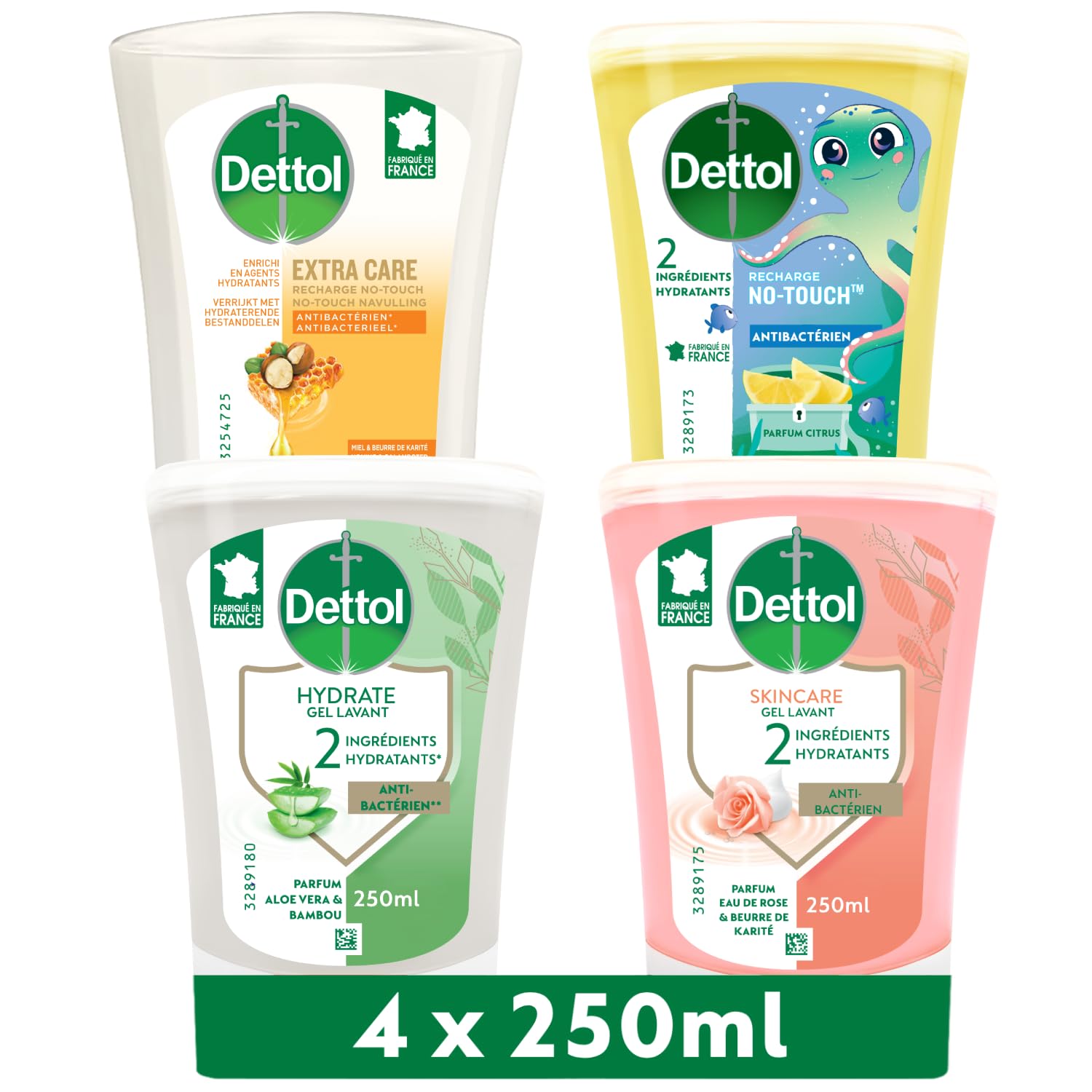 데톨 - 비접촉식 액상 핸드솝 리필 4개입 250ML - 세정력 - 꿀 장미수, 버터 시어버터, 레몬 장미수 시어버터, 알로에 베라 대나무