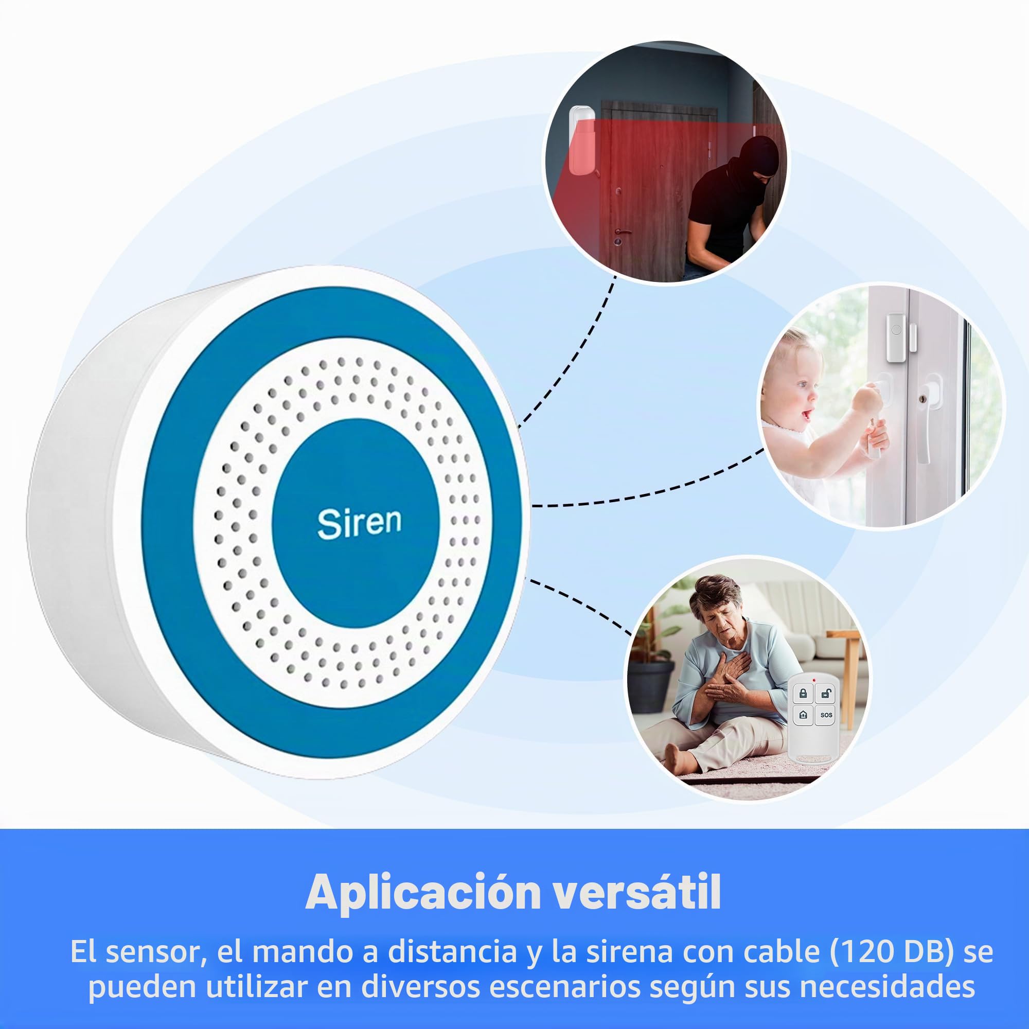 Sistema de Alarma WiFi Inteligente para el Hogar 120 dB con Sensor de Puerta, Detector de Movimiento, Control Remoto y Notificaciones por App – Sistema Antirrobo para Casa, Garaje (Kit de 5 Piezas)