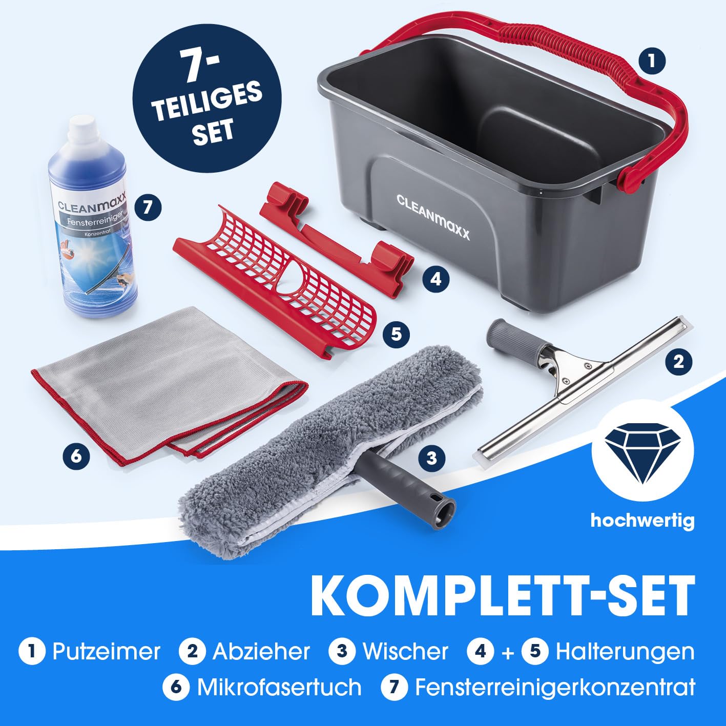 CLEANmaxx Fensterreiniger Set | 7-TLG. Fensterputzer Set für Oberflächen in Haus & Auto - inklusive Fensterabzieher, Fensterwischer, Reiniger, Wischtuch, Eimer und Halterungen für Wischer & Abzieher
