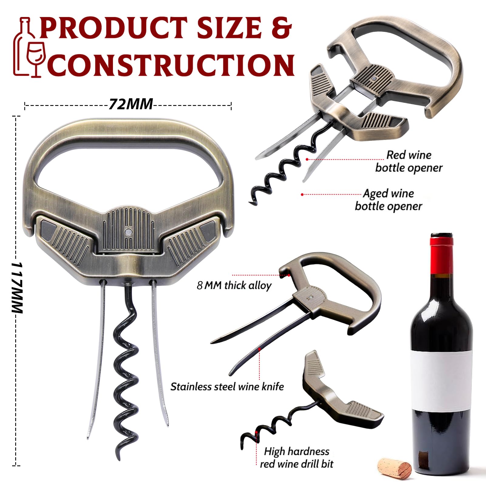 Ah So Abridor de Botellas de Vino, Sacacorchos para Vinos Antiguos con Funda de Piel Portátil, Extractor de Corcho de Dos Puntas, Regalo Ideal para Amantes & Conocedores de Vinos (Bronce1)