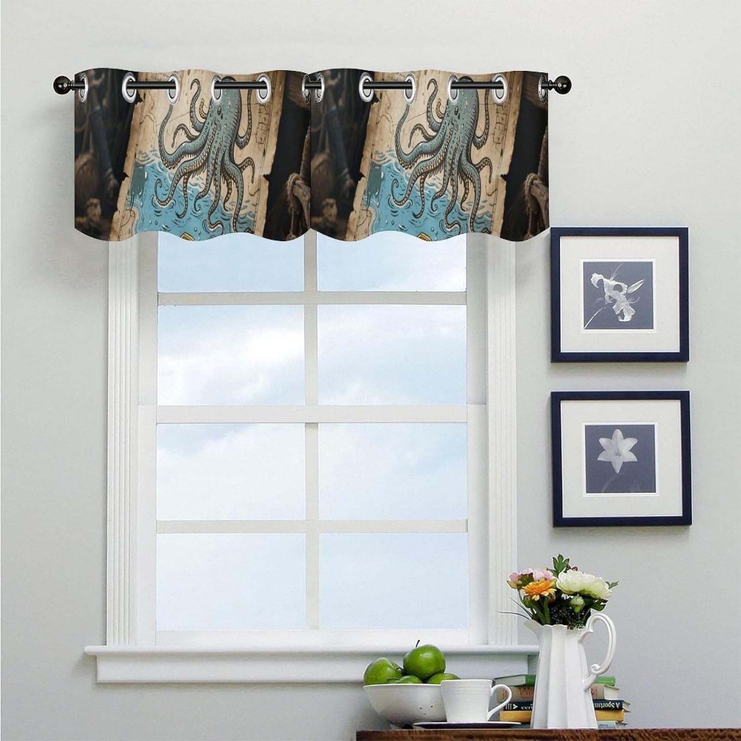 Pirate Map Valance for Windows, 2 Pack Kitchen Curtains Modern Home Decor, Soft Blackout Window Curtains for Living Room & Bedroom, 18 X 52 Inch