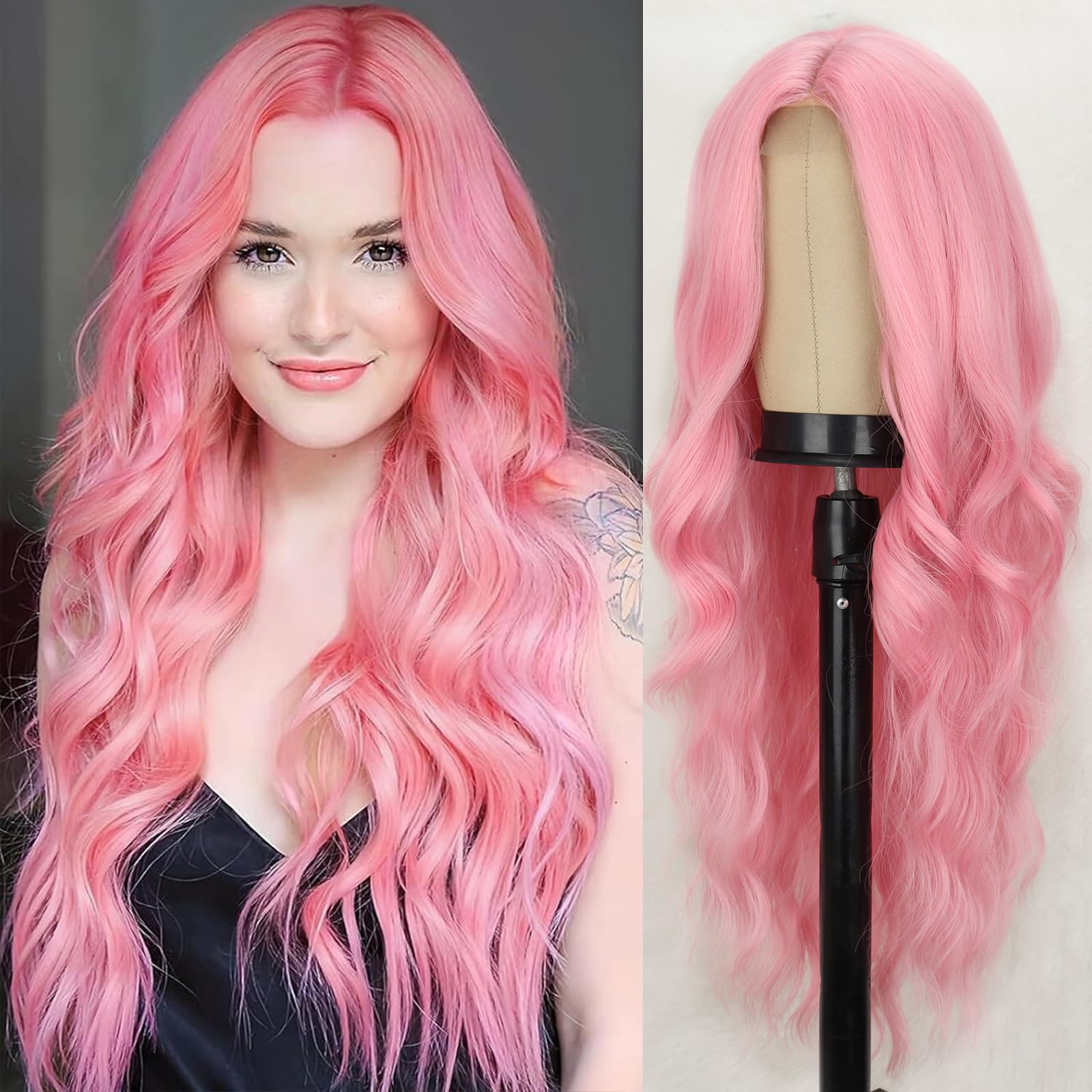 Amazon.com : WERD Long Pink Wavy Wig for Women Light Pink  display picture 2
