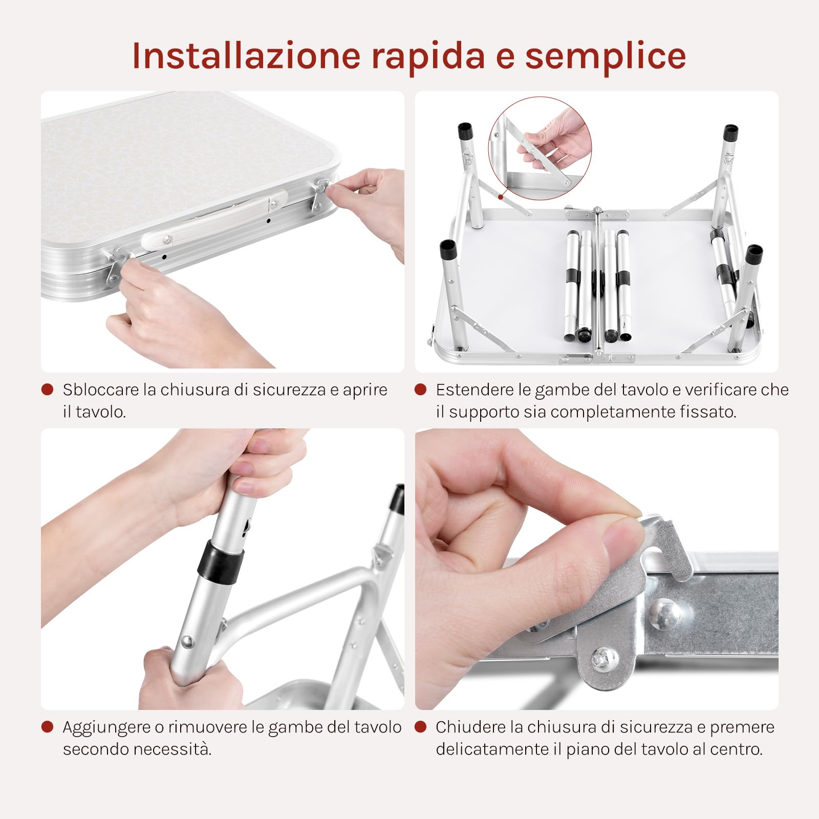 WOLTU Tavolino Pieghevole Regolabile in Altezza 25/36/50/60 cm, Tavolo da Esterno con Ripiano in Rete Metallica, Piano in MDF 60x40 cm, Telaio in Metallo, per Campeggio, Barbecue, Giardino,Bianco