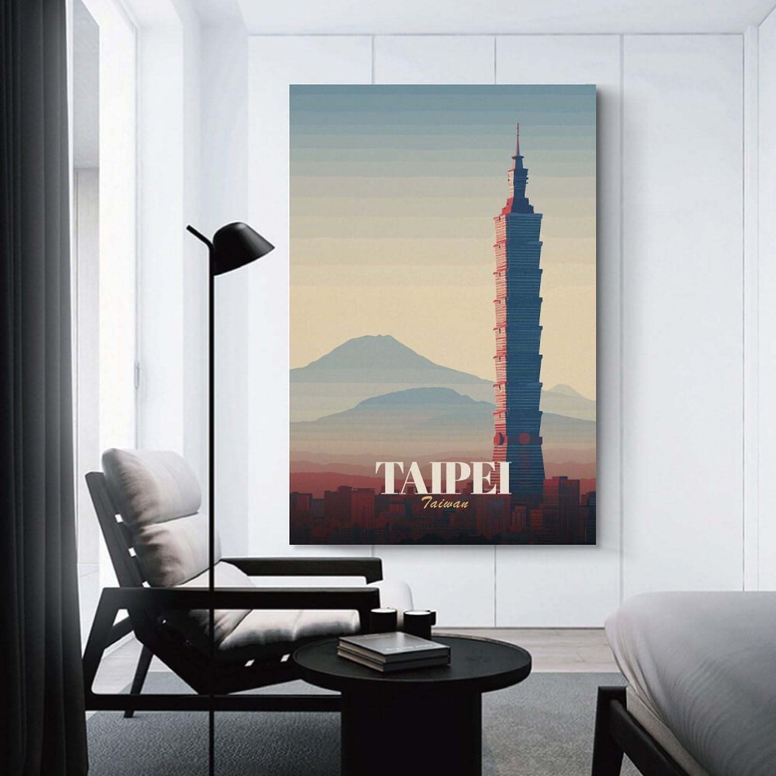 Junmoney Taipei 101, Taiwan Skyline Illustration Canvas Wall Decor 24x36inch(60x90cm), for Workspace Walls, Study Corners Or Bedrooms, Decorative Artwork for Productive Spaces