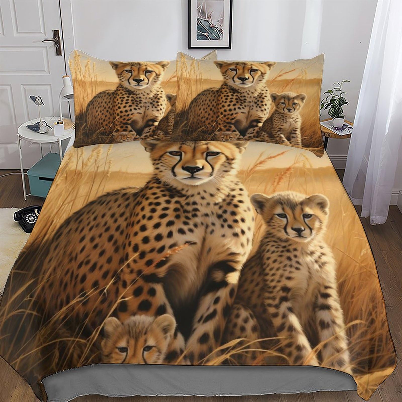 Housse de couette léopard 3D anti-plis avec fermeture éclair double lit