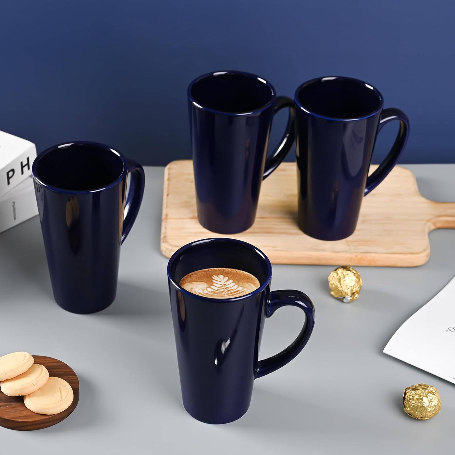 16oz Funnel Ceramic Tall Coffee Mugs for Coffee, Tea, Cocoa, Latte, Milk set of 4(Cobalto) - Image 7