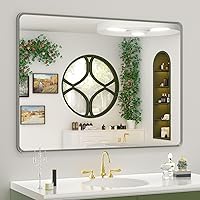 Vista 14 de OKPAL 16x24 Espejo de baño de bronce, espejo de marco de bronce rectangular redondeado, espejo de tocador de baño de bronce cepillado para montar