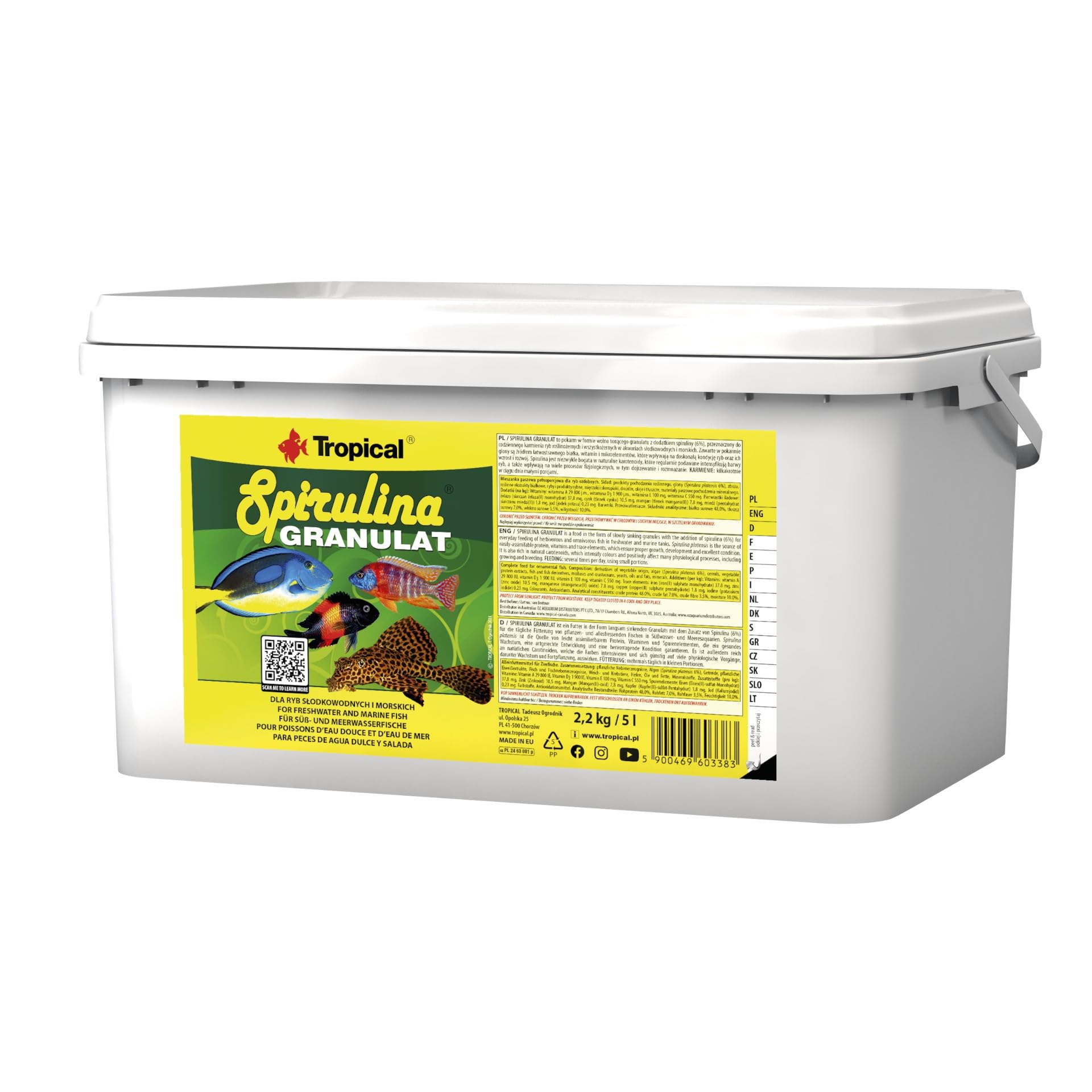 SPIRULINA GRANULAT 5L / 2,2kg - Alimento en Forma de gránulos con spirulina para Peces de Agua Dulce y Salada