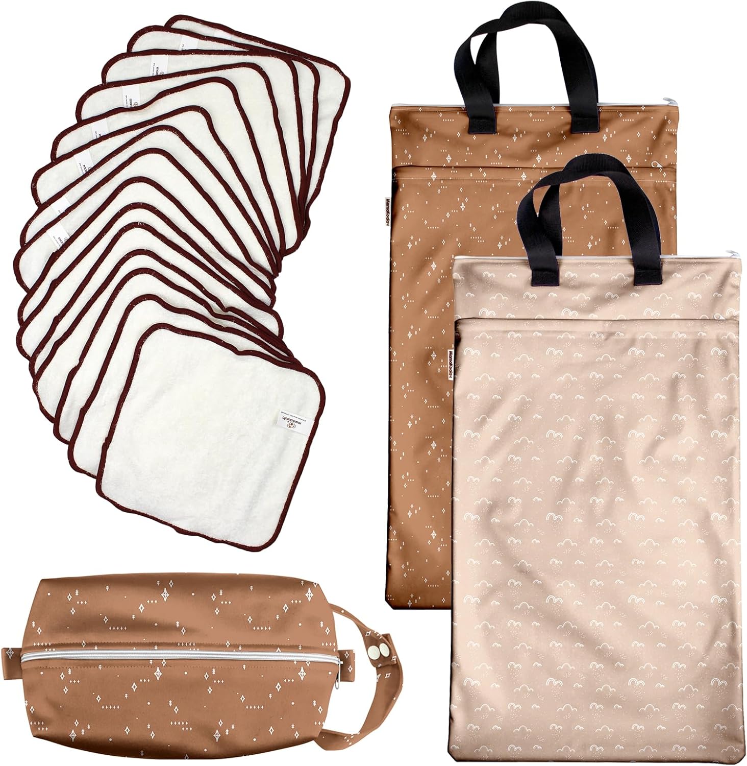 Mama Koala 2 Pack Waterproof Hanging Wet Bags, with 15 Pack Washable cloth diaper wipes & 1ps of Waterproof pod
