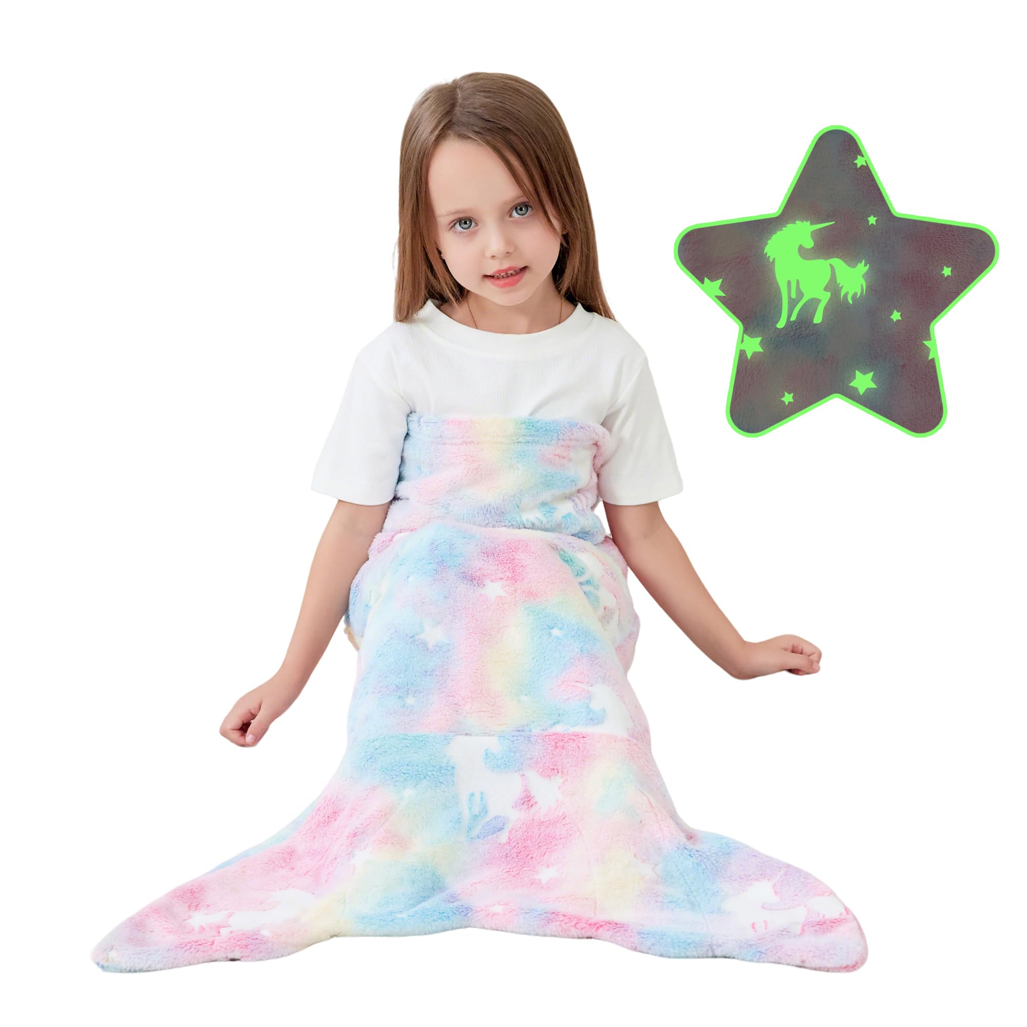 Viviland Queue de sirène phosphorescente pour Enfants – Couverture de sirène en Flanelle – Cadeau pour Filles – Étoile Lumineuse Super Douce Tie Dye Jouets pour Filles – Licorne 43,2 cm 99,1 cm