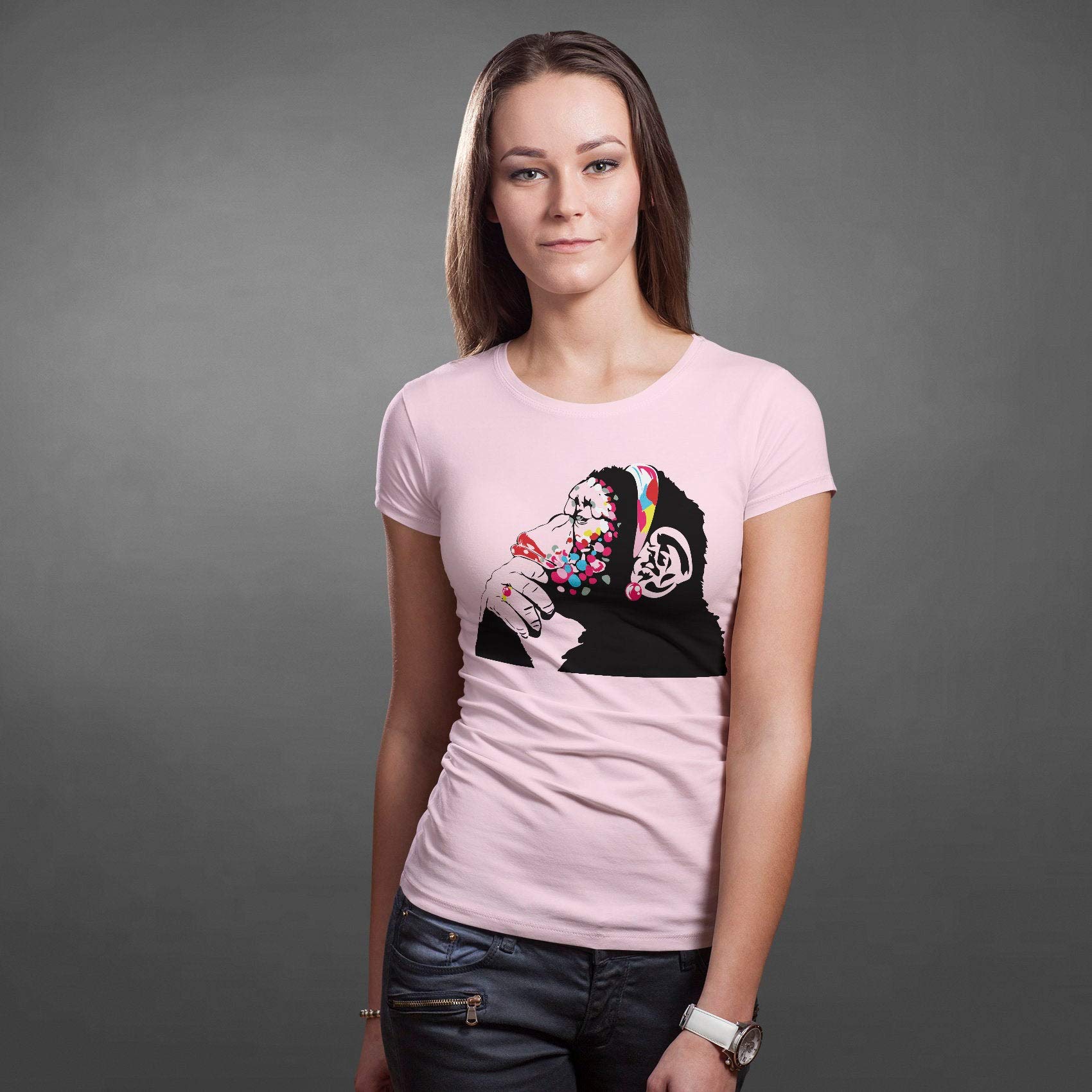 Banksy Monkey Art - Maglietta da donna con stampa divertente e simpatica maglietta con graffiti da strada – Top Thinking Birthday – T-shirt design con cuffie per la cameretta blu navy L