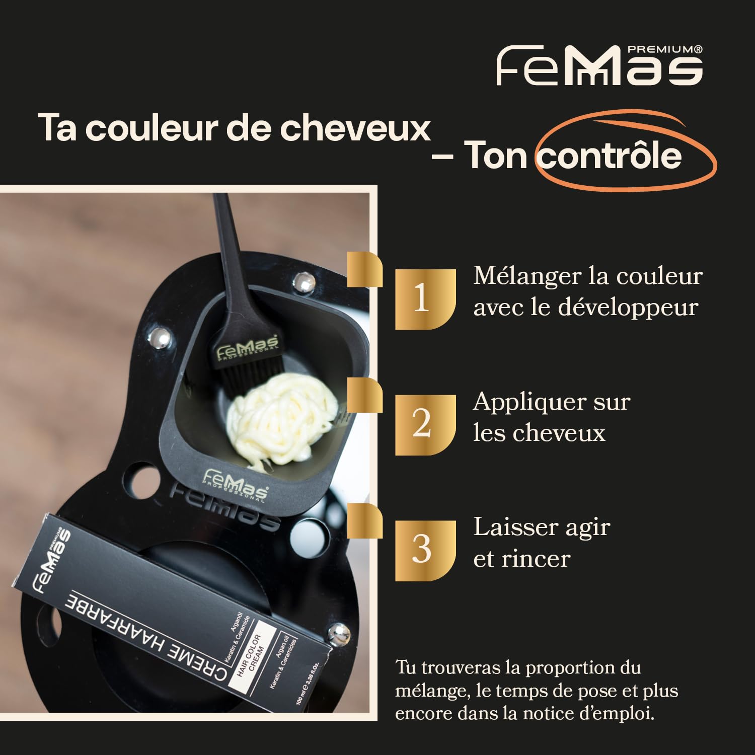 FemMas teinture pour cheveux Noir 1 3x I Crème colorante à l'huile d'argan, kératine et céramides I Coloration permanente ou teinture pour des résultats éclatants et durables I 100 ml