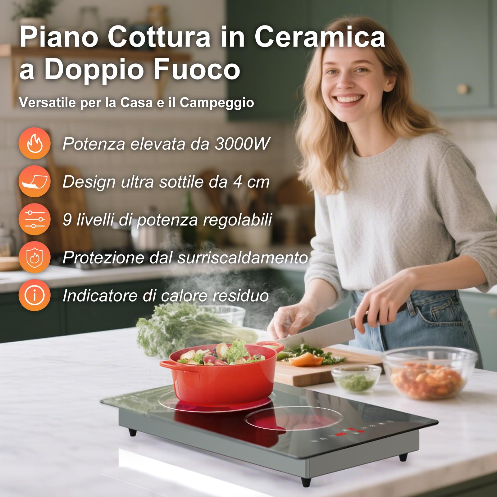 Piastra da Cucina Elettrica a Due Fuochi a Infrarossi per Cucinare, Piano Cottura da 3000W Domino da Inserire, Stufa a Due Elementi Riscaldanti, Cucina Incorporata a 230V