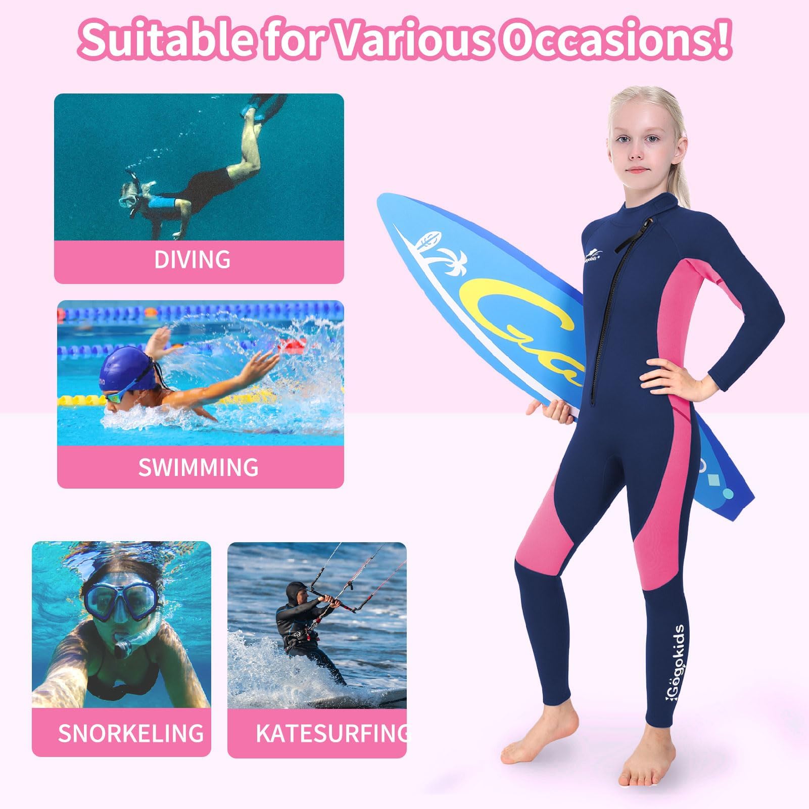 Gogokids Neoprenanzug Kinder Lang 2.5mm - Kinder Tauchanzug mit UV-Schutz 50+ & Frontreißverschluss, Wärmender Schwimmanzug für Jungen Mädchen Alter von 2-10 Jahren (84-145cm)