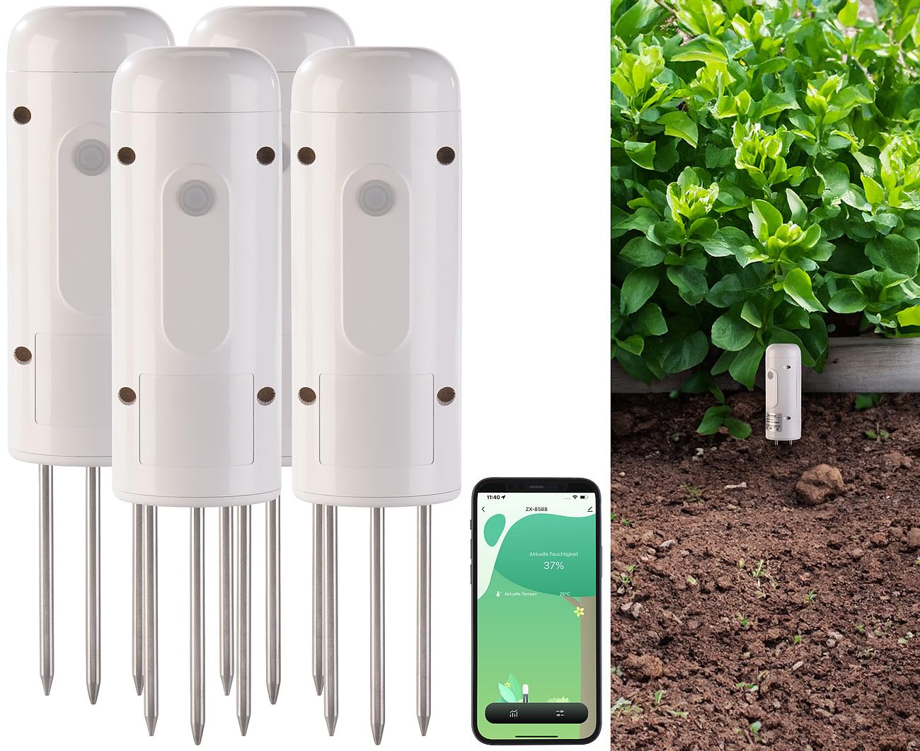 Luminea Home Control Feuchtesensor: 4er-Set smarte ZigBee-Boden-Feuchtigkeits- & Temperatursensoren (Bodensensor, Temperatursensor TUYA, Pflanzen Sensor)