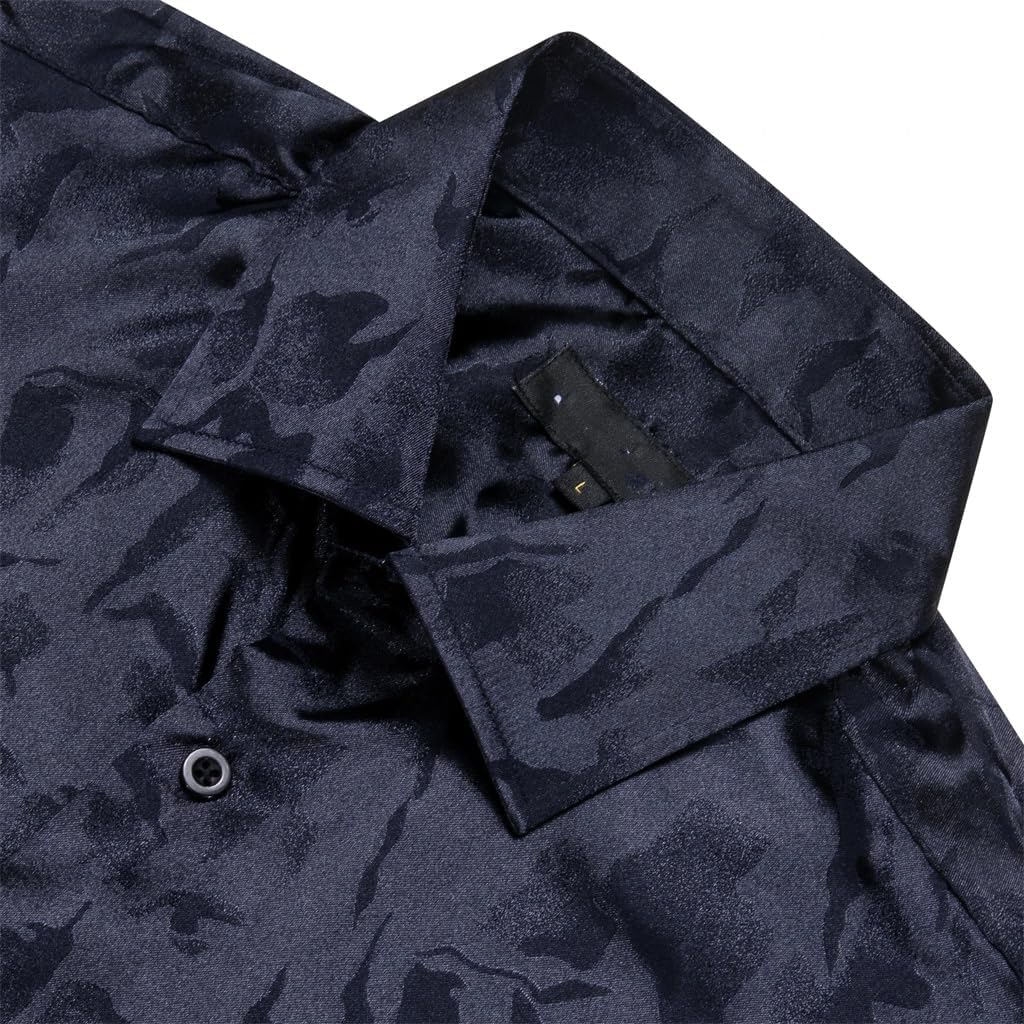 Men Silk Satin Embroidered Long Sleeve Flower Male Blouses Casual Lapel Tops Breathable