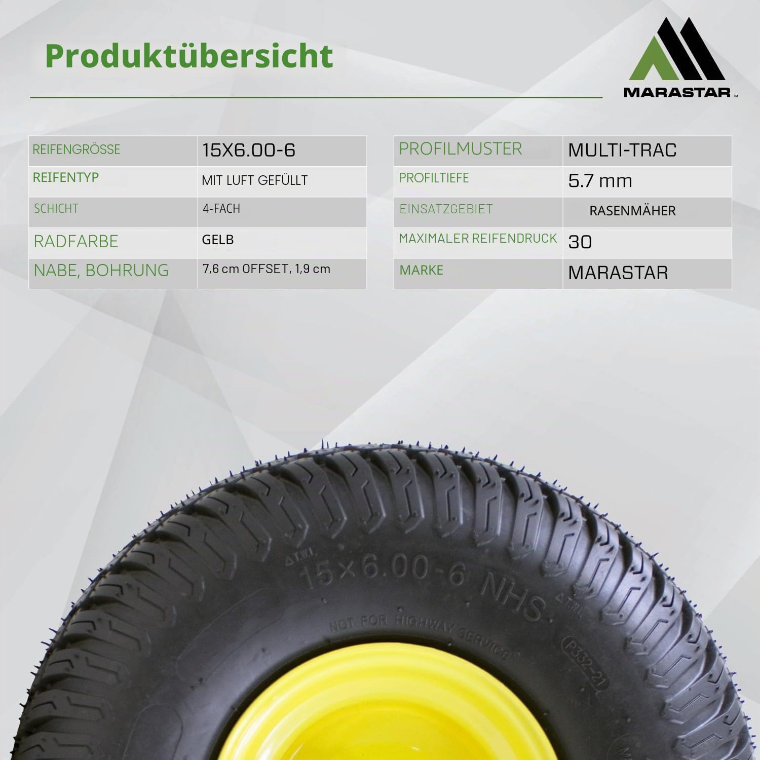 MARASTAR 21426 15x6.00-6 Reifen und Radmontage, Ersatz-Rasenmäher, Vorderreifen, kompatibel mit John Deere Rasenmäher der Serie 100 und 300