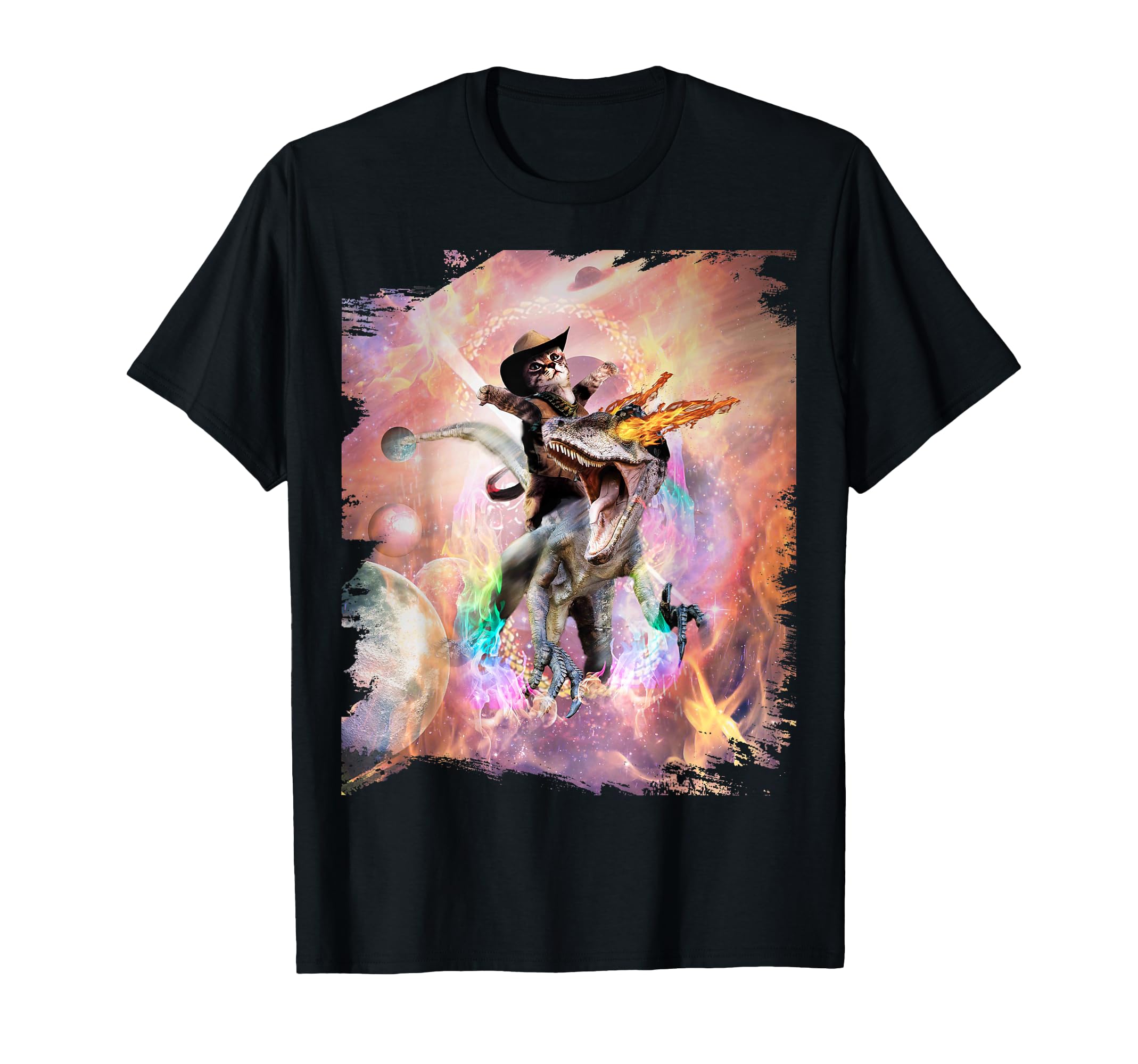 Evil Velociraptor Raptor Fire Dinosaur & Space Cat T-Shirt