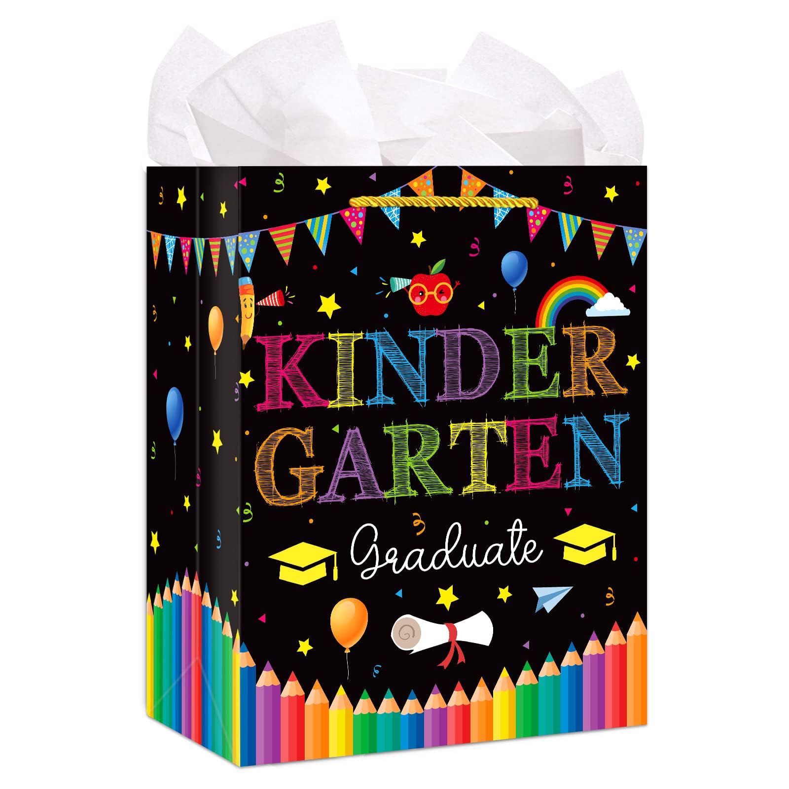 WhatSign Kindergarten Graduation Gift Bags - Graduation Bags for Kids 11.5" Medium Preschool Pre K Gift Bag with Tissue Paper and Handle Party Favor Bag for Boys Girls