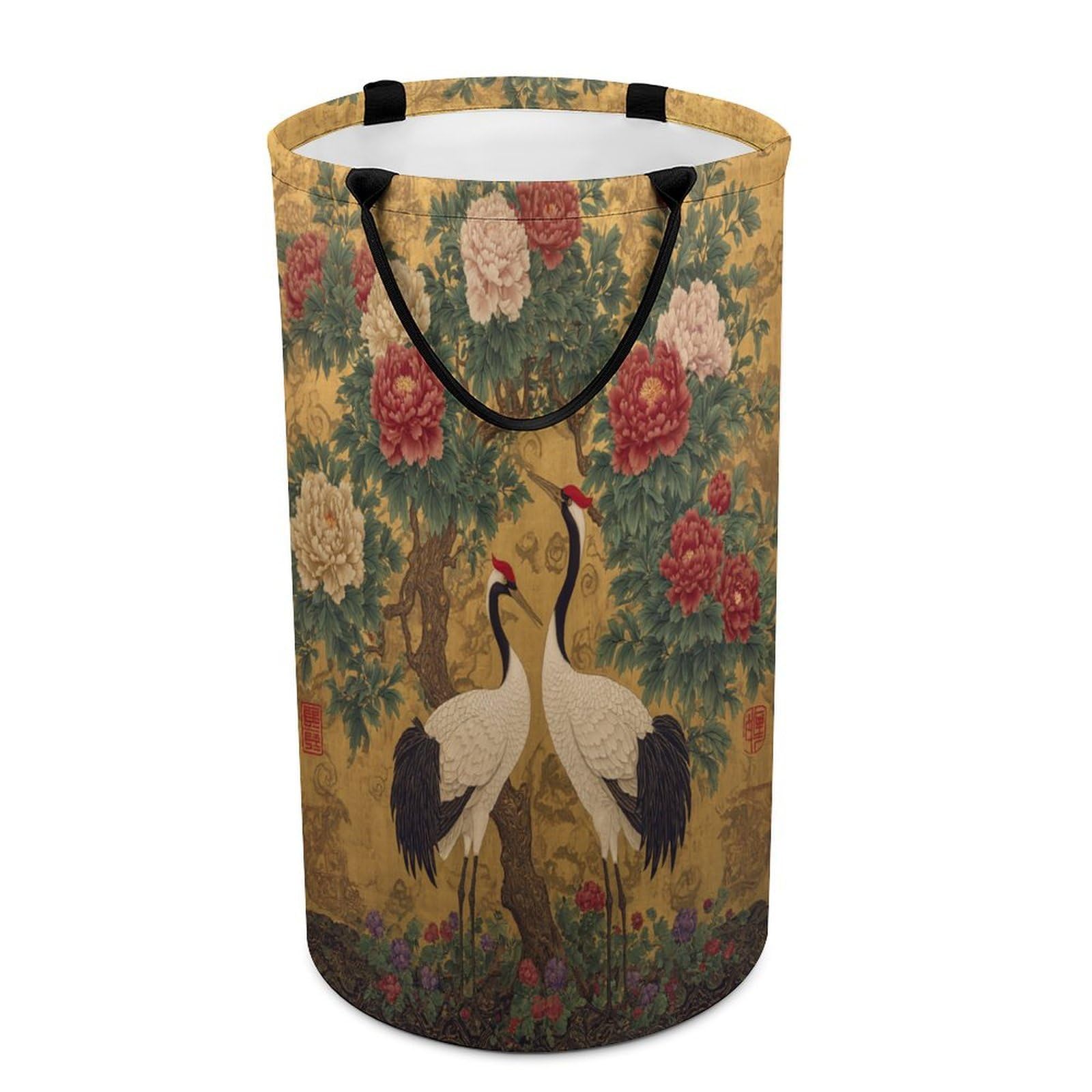 LUYYSKY Japanese Realistic Animals Crane Collapsible Dirty Clothes Basket, Retro Oil Painting Plants Peony Flowers Animals Crane Pattern Portable Clothes Storage Basket