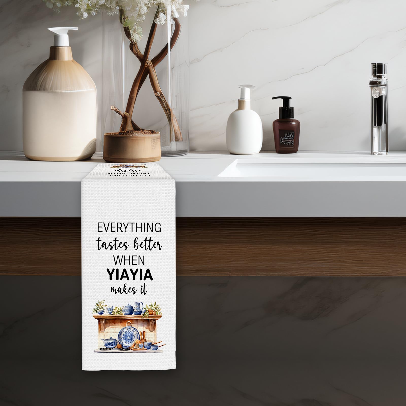 Yiayia Gifts Kitchen Towels, Gifts for Yiayias Dish Towels, Yiayias Gifts from Grandkids, Everything Tastes Better When Yiayia Make It Decorative Hand Towel for Kitchen (16x24 Inch)