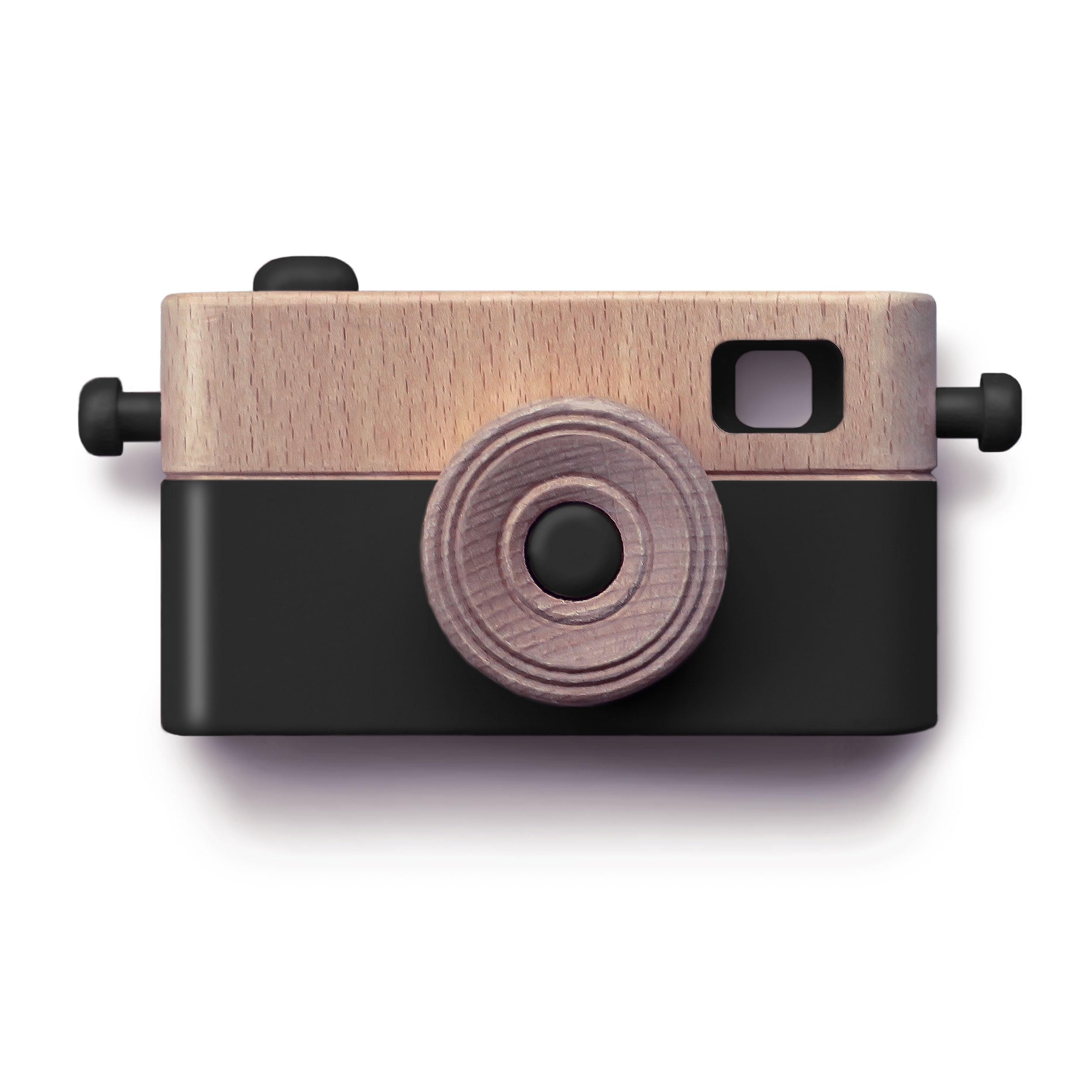 Wooden toy camera, Kids camera with rotating lens, blackboard and cotton strap (Black)
