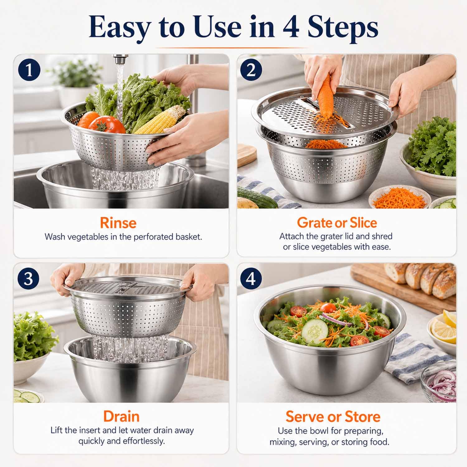 Multifunctional Stainless Steel Basin with Grater,11 in / 28 cm，1PCS：L | 3 in 1 Multipurpose Drain Basket Grater Basin Bowl,Fast Prep Slicer Bowl, for Potatoes, Vegetables, Fruit Washing