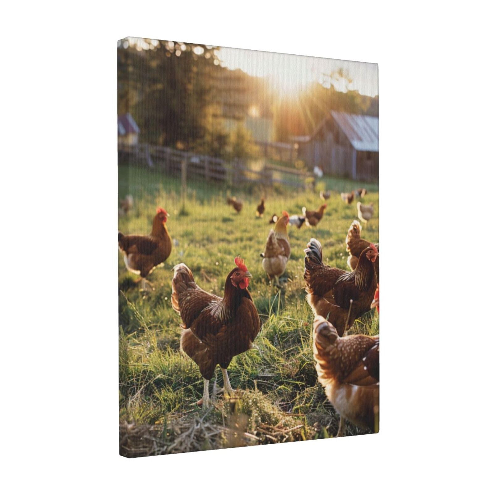 YKLJG Chickens and Farm Printed Wall Art Canvas Prints 30x40 CM Wooden Framed Picture Painting Artwork for Bedroom Kitchen Home Office Decor