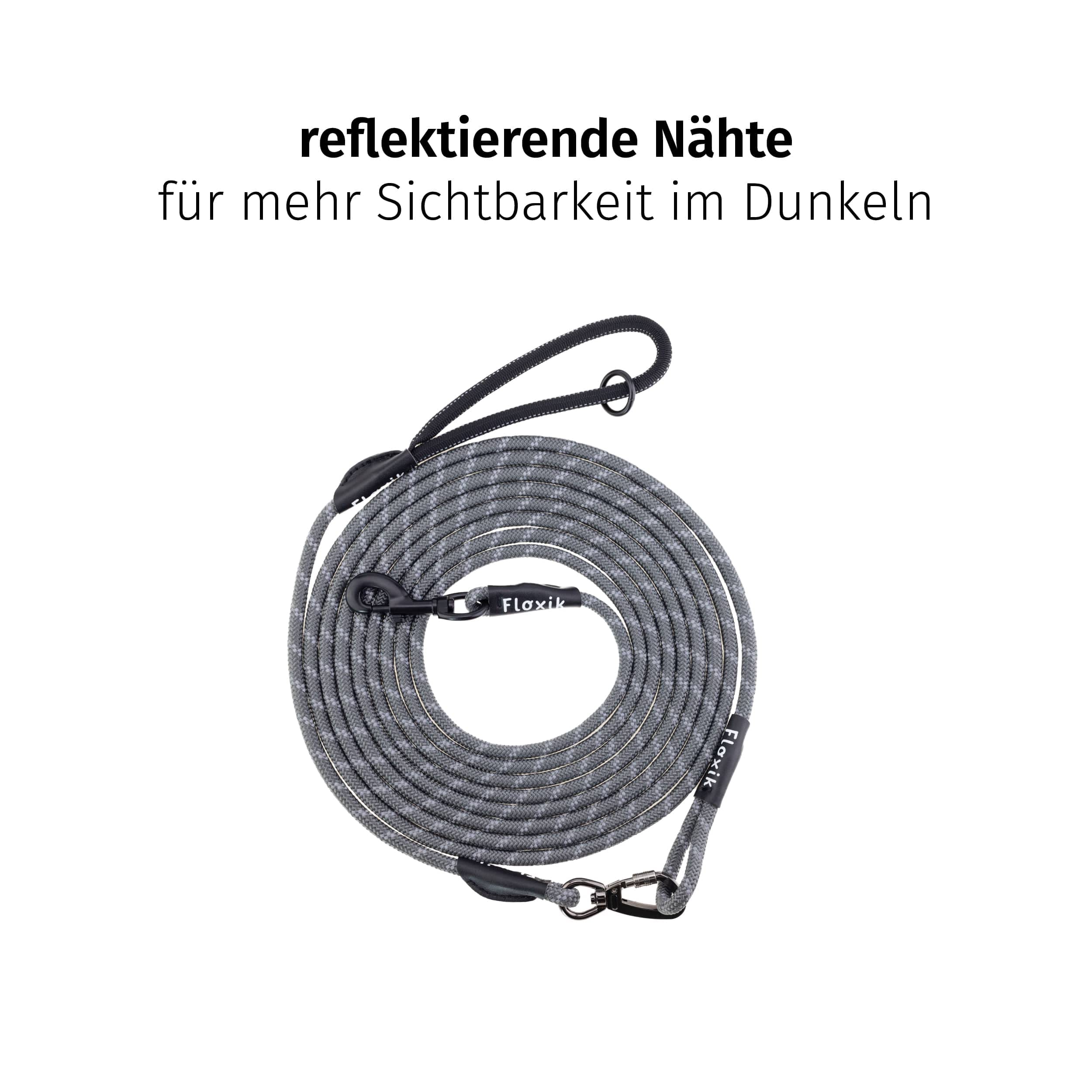 Floxik Schleppleine für Hunde | 5m, 10m, 15m, 20m grau | reflektierende Tauleine mit Abnehmbarer Handschlaufe | auch optimal als Trainingsleine für Welpen geeignet