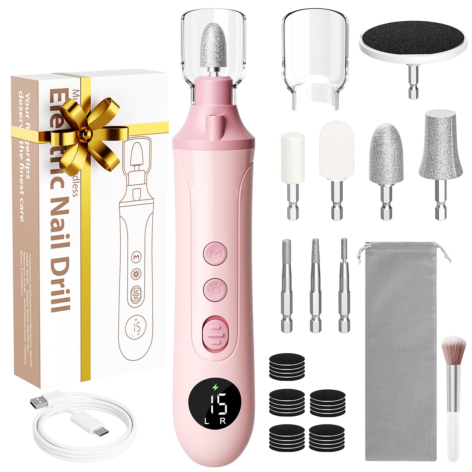 Maniküre Pediküre Set Elektrisch, Nagelfräser, Fußpflege Elektrisch mit 8 Aufsätze zur Nagelpflege, Elektrische Nagelfeile mit 15 Geschwindigkeiten und LED Licht, Aufbewahrungstasche (Rosa)