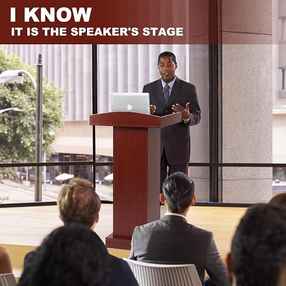 Wooden Podium Lectern Stand with Storage Shelves, Presentation Pulpit for Church Classroom (Reddish Brown)