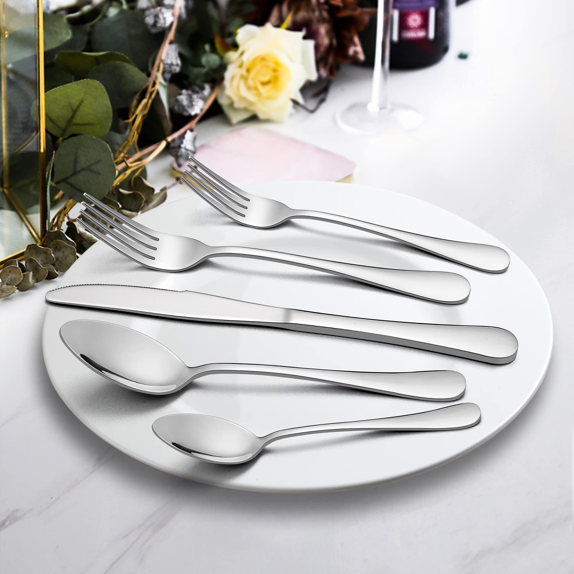 Juego de cubiertos para 12 personas, juego de cubiertos de acero inoxidable Joyfair de 60 piezas con tenedor, cuchara de cuchillo, fiesta, pulido brillante y apto para lavavajillas