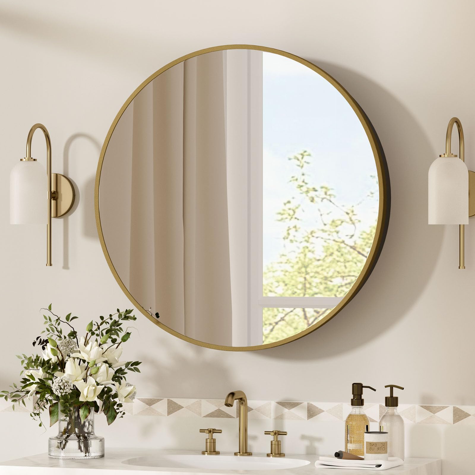 Photo 1 of YTSMIR 28 x 28 Inch Round Medicine Cabinet with Mirror,Gold Circular Bathroom Cabinet Wall Mounted,Metal Framed Mirror Medicine Cabinet with Adjustable Shelves for Bathroom Vanity