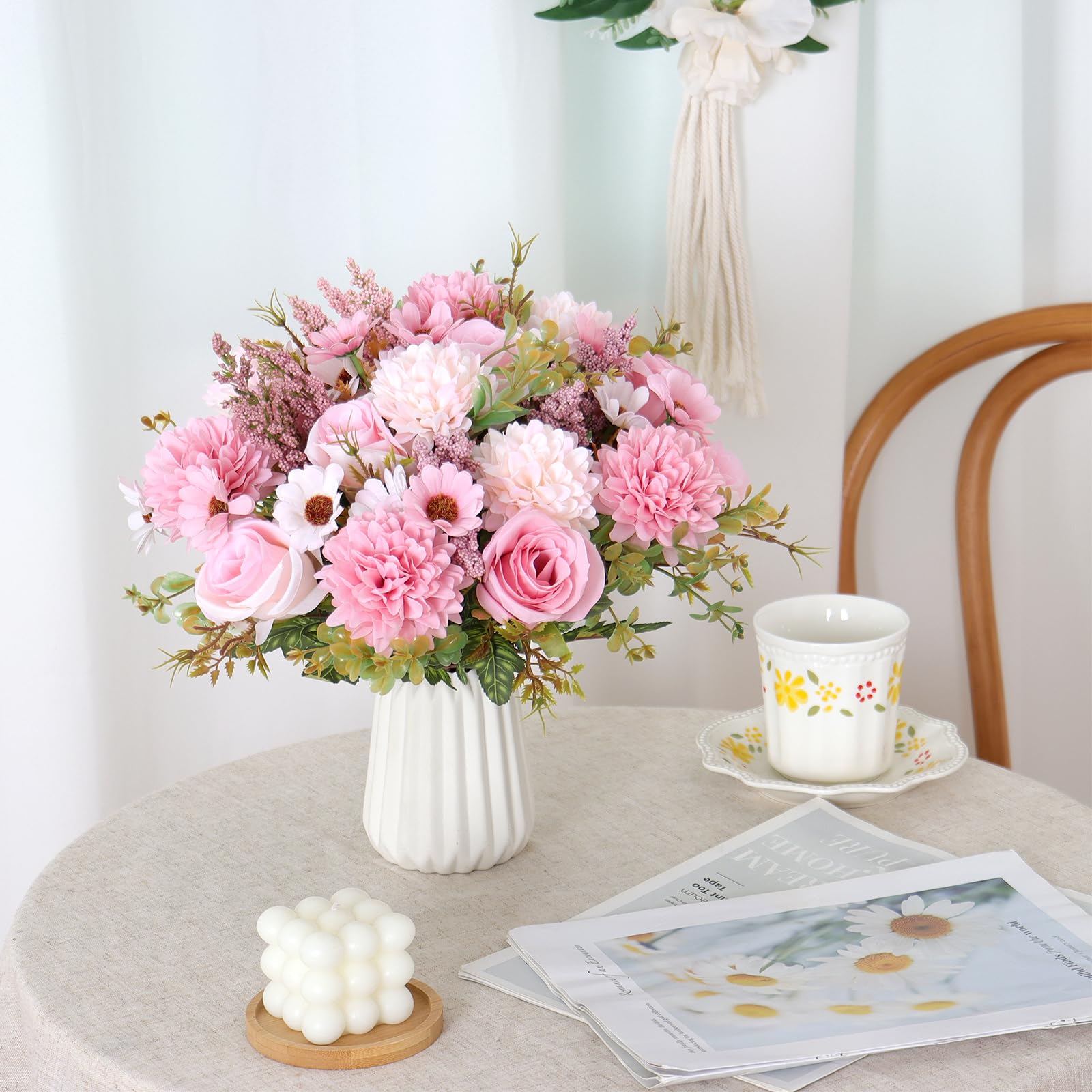 MEIVINES 2 Bunches Pink Artificial Flowers Fake Flowers Artificial Flower Bouquet Faux Roses Silk Flower Arrangements for Wedding Party Home Kitchen Decorations - Image 4