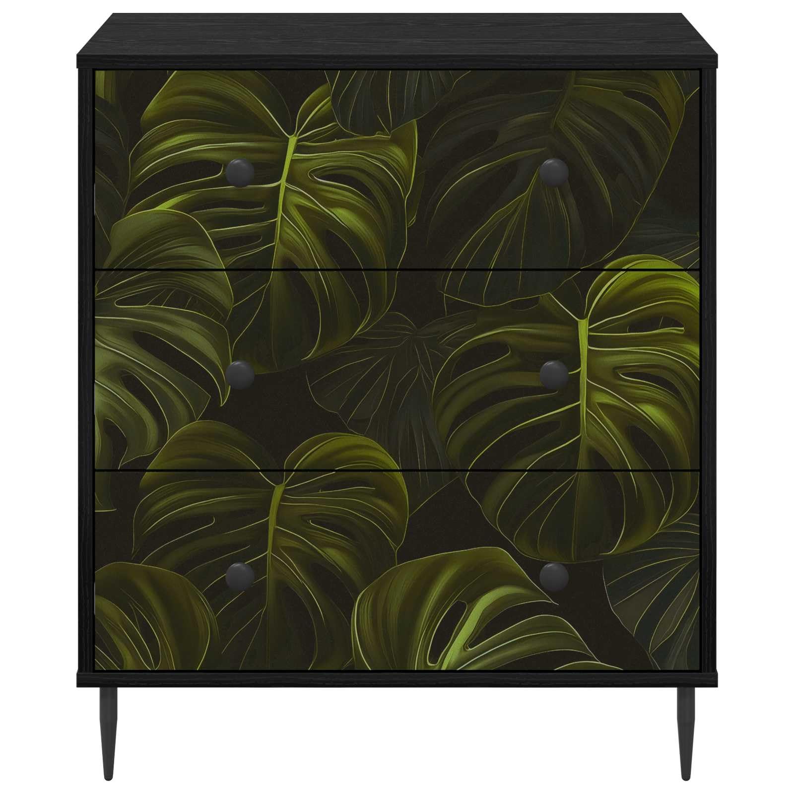 Cassettiera Rovere Nero con 3 Cassetti 66x36,5x76 cm | Comò moderno con stampa a foglia per camera da letto o soggiorno, ideale per riporre documenti e accessori.