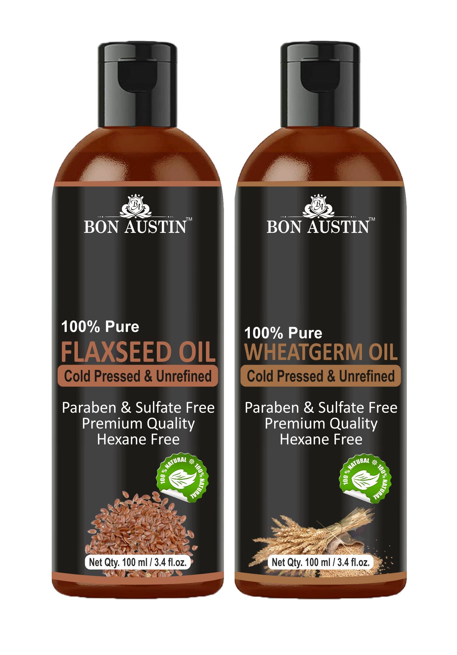 Bon Austin Premium 100% Pure & Natural Cold Pressed Flaxseed Oil & Wheatgerm Oil For Daily Skin Care Combo pack of 2 bottles of 100 ml(200 ml)