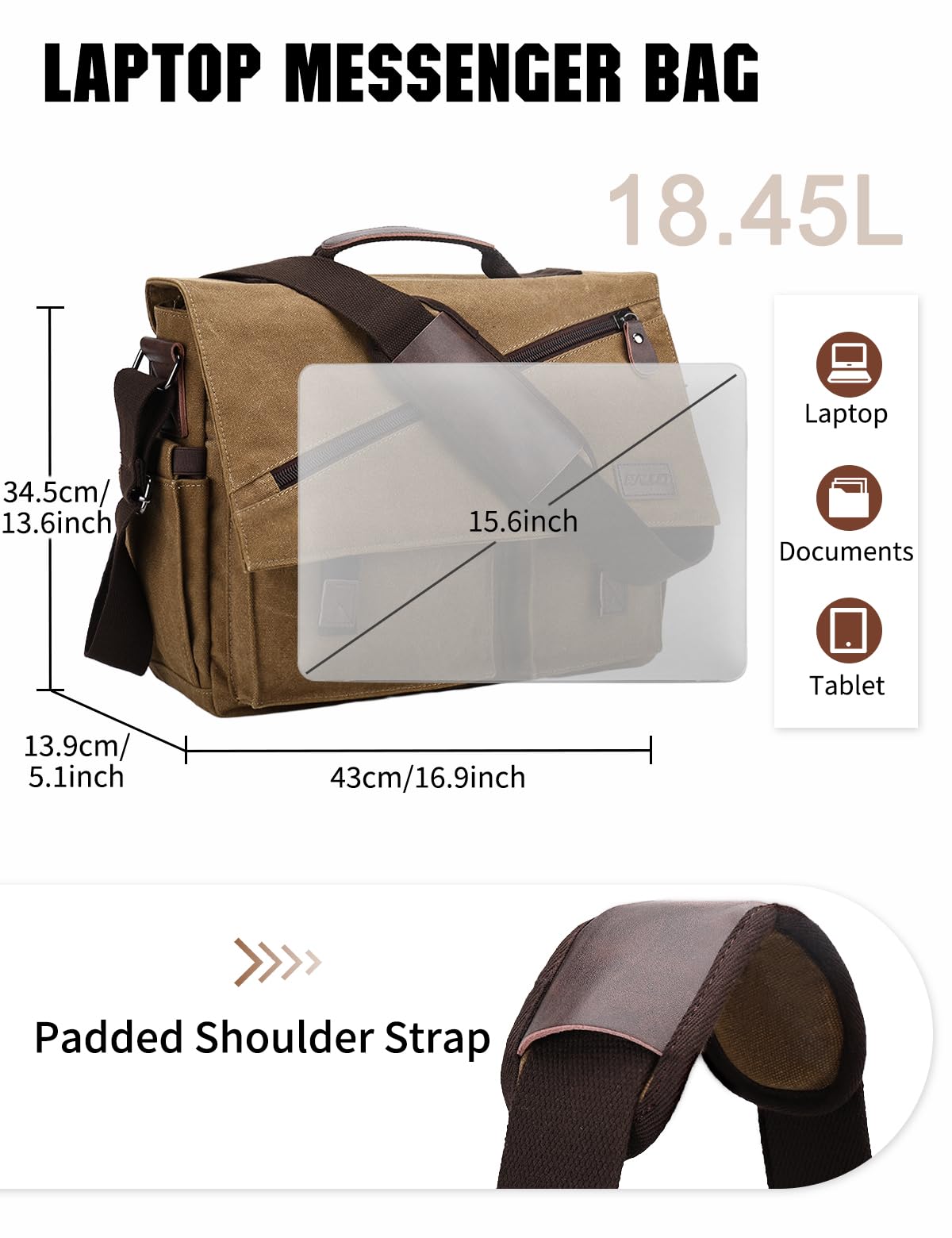 RAVUO Borse a Tracolla Uomo,Messaggero Sacchetto in Tela Resistente all'acqua da 15.6 Pollici Vintage Crossbody Daybag by Caffè