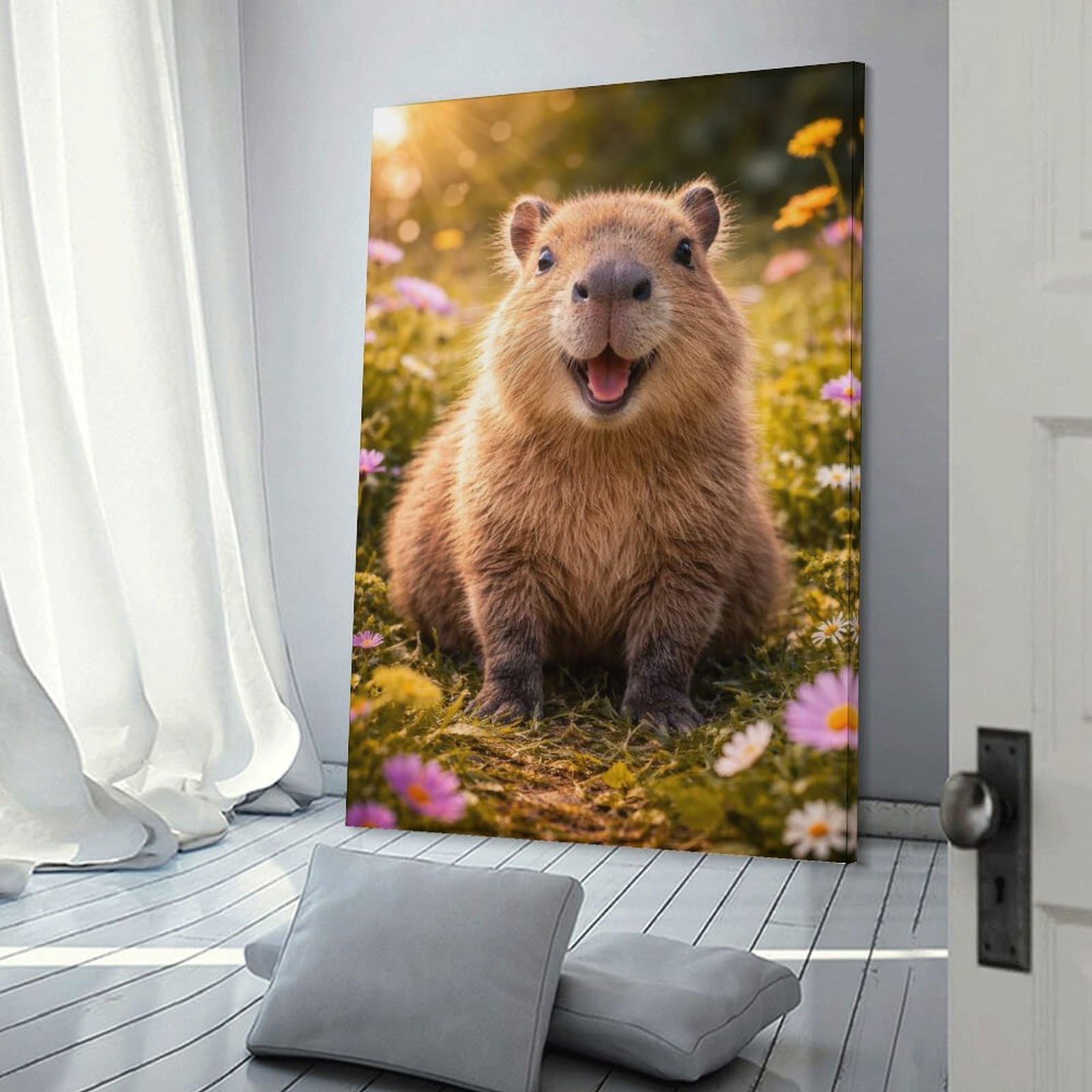 Junmoney Frame-Style-24 Hanging Wall Art Happy Capybara In A Field Of Flowers, 12X18inch(30X45cm), For Entryway, Lounge Links Or Small Walls, A Neat Decor Update For Hallways