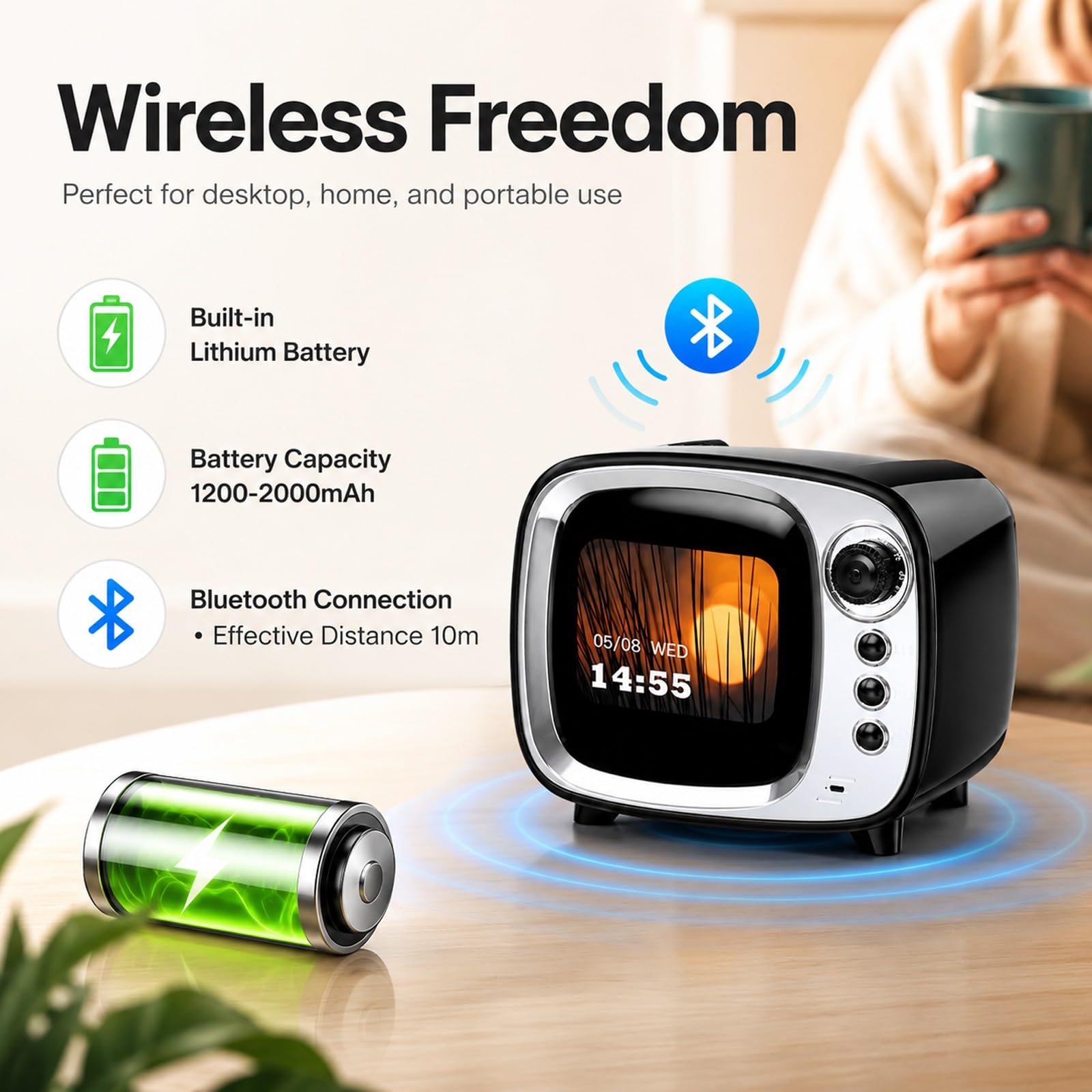 Generisch Cassa Bluetooth Retro con Sveglia Intelligente, Altoparlante Wireless Vintage con Display di Testi e Meteo, Suono HiFi, Regali Uomo Tech Oggetti Particolari(Green)