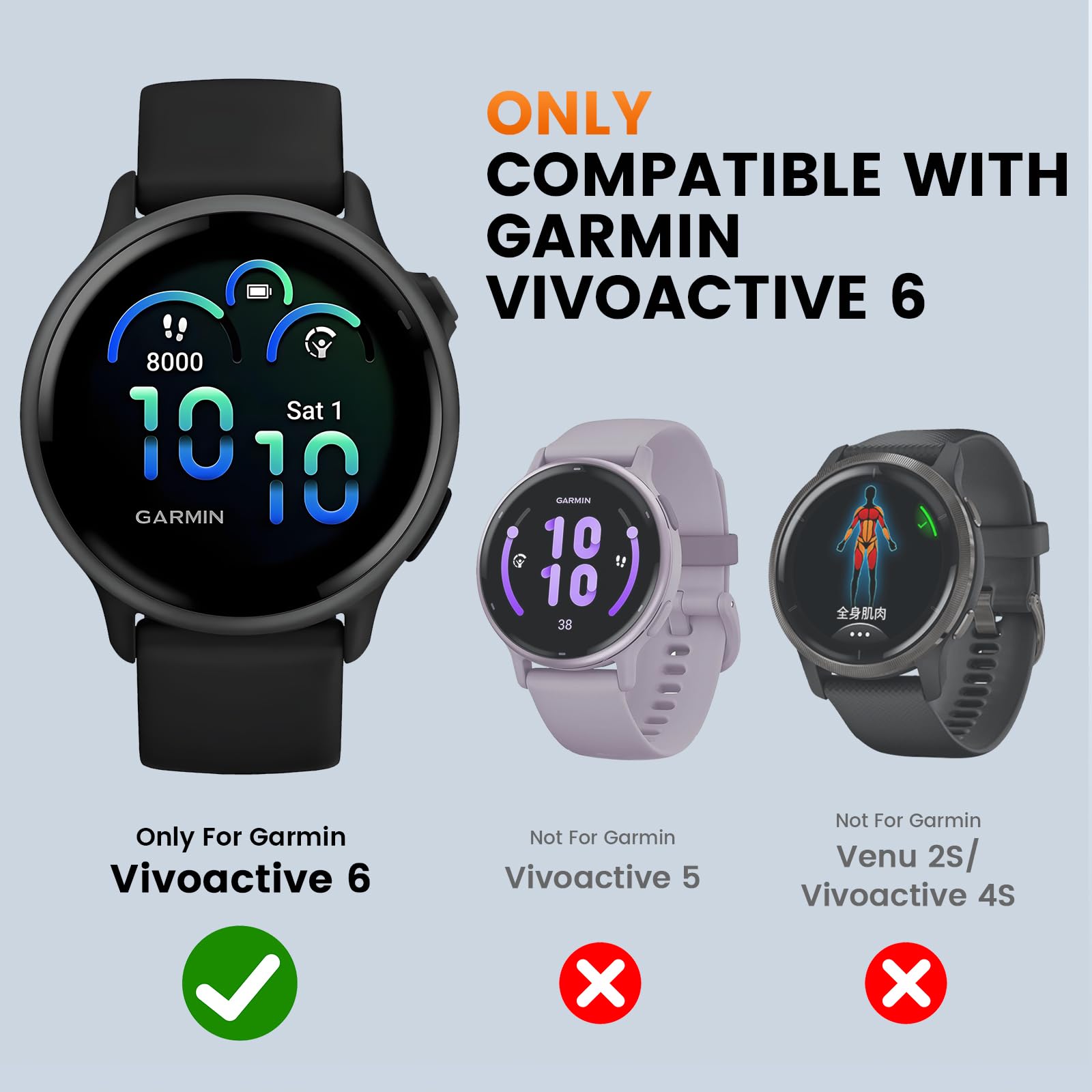 Funda Para Garmin Vivoactive 6 - Carcasa PC + Cristal Templado, Protección 360°, Negra Y Transparente