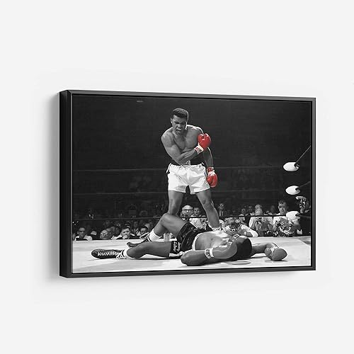 Sonny Liston vs Muhammad Ali - Lienzo decorativo para pared en blanco y negro y rojo, decoración del hogar (12 x 18 pulgadas, marco negro moderno)