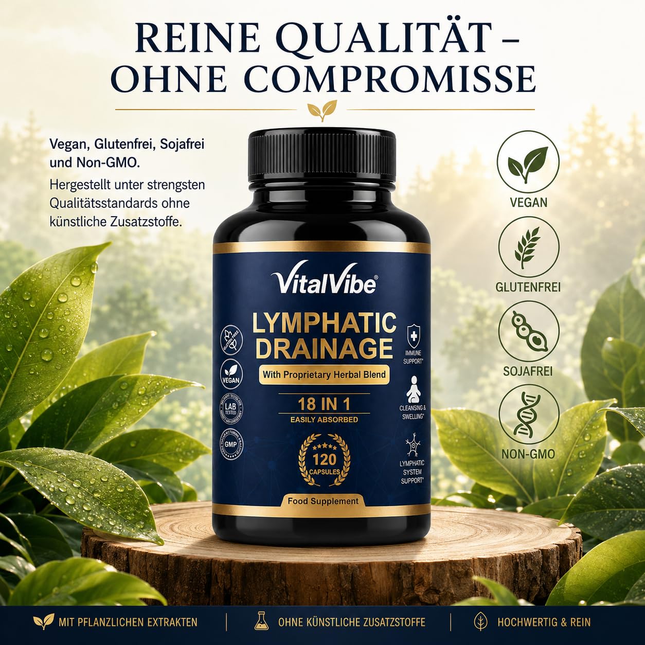 Lymphdrainage Kapseln - 18 in 1 Komplex mit Löwenzahn, Klettenwurzel & Bromelain - Lymphatisches System & Immunsystem Support - 120 Vegane Kapseln mit Vitamin C, D3, Zink & Selen
