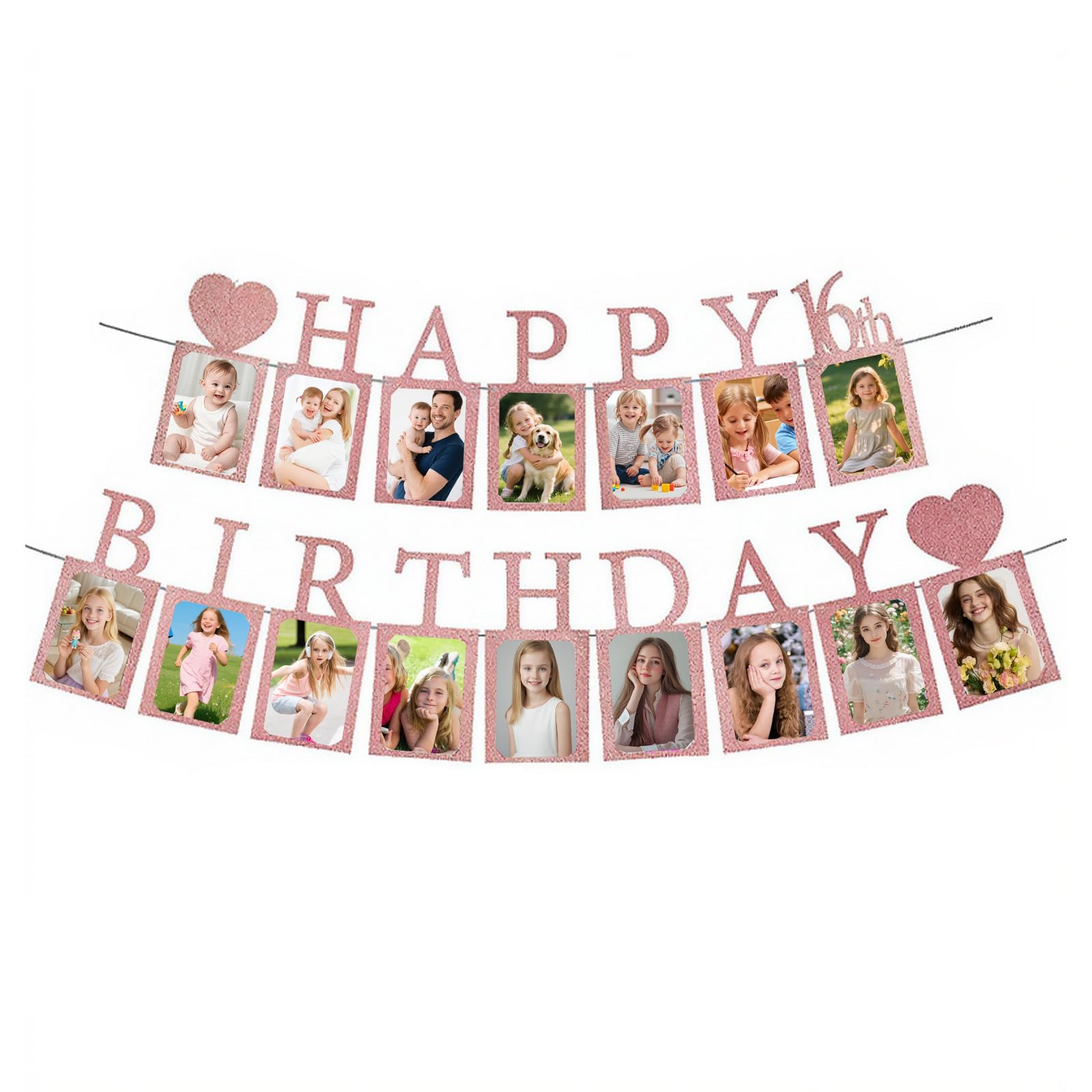 DIY Rose Gold Sweet 16 Birthday Party Photo Card Frames - Pink Happy 16th Birthday Banner, Glitter Banner with 16 Photo Slots, Perfect for 16th Decorations Girl Party Bedroom Decorations