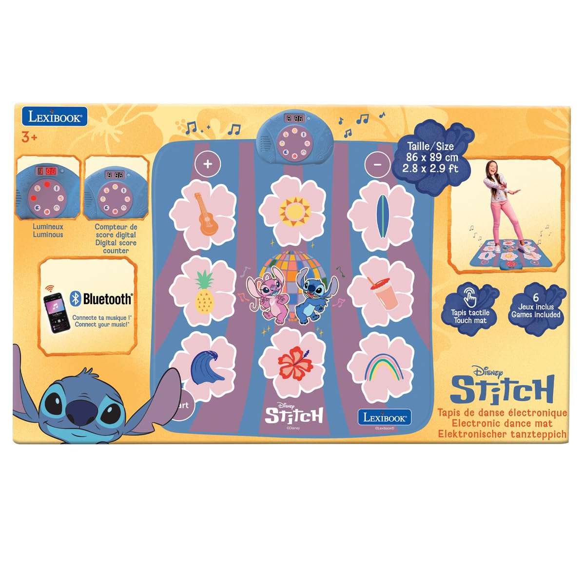 LEXIBOOK, Disney Stitch, Alfombra de Baile Electrónica, DM10DLXB | Bluetooth, luces, 6 modos de juego, rosa