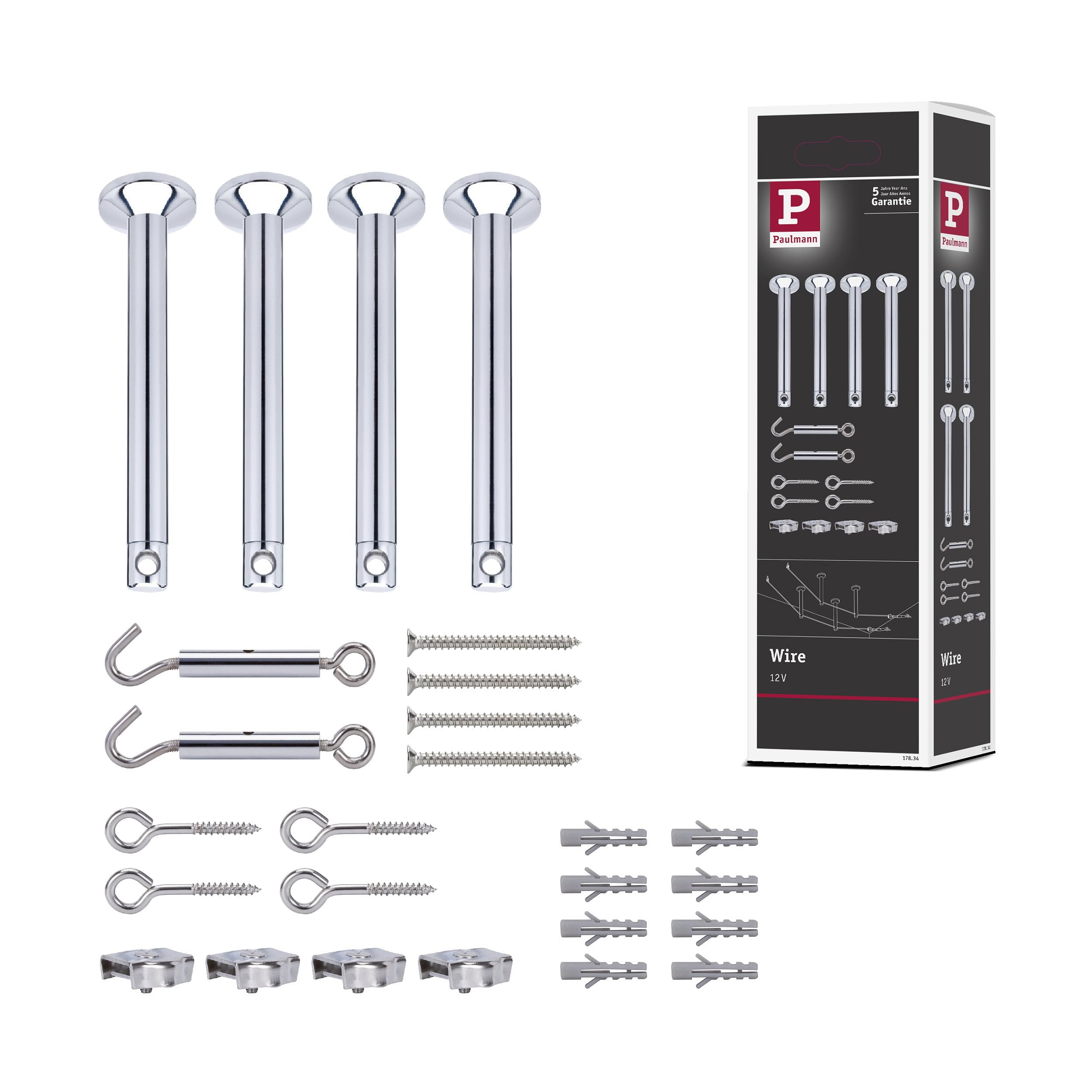 Paulmann 17834 Accesorio para cable, juego para tensado 165 mm cromo, accesorio para sistemas de cables halógenos, 12 V, incl. deflector, argollas, tacos, tensor de cable, clips planos
