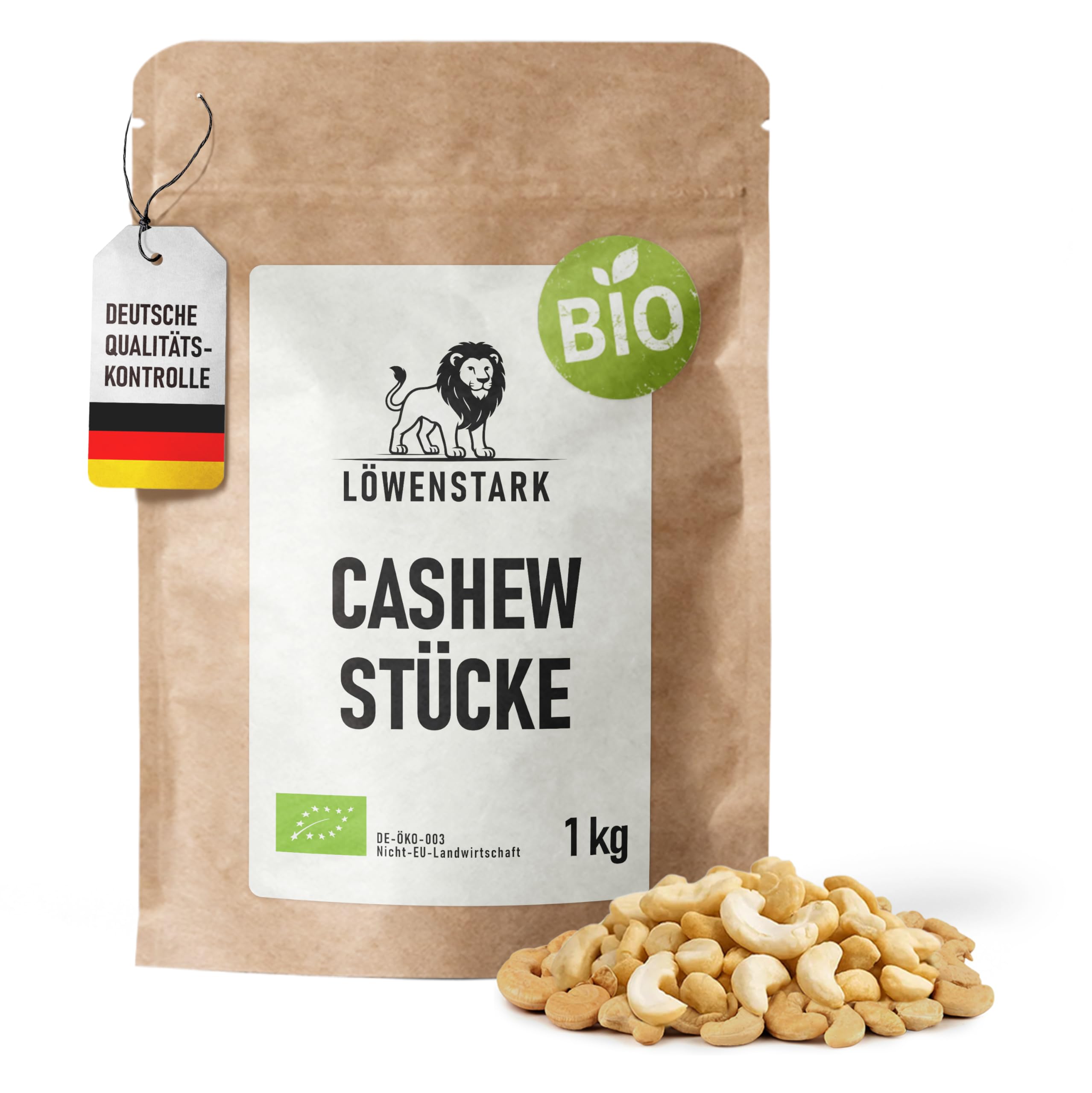 Löwenstark - BIO-Cashew-Stücke 1 kg, mild-nussiger Bio Cashewbruch, Cashewkerne perfekt zum Kochen, Backen oder für Müslis, Salate & Desserts, vegane Cashewnüsse