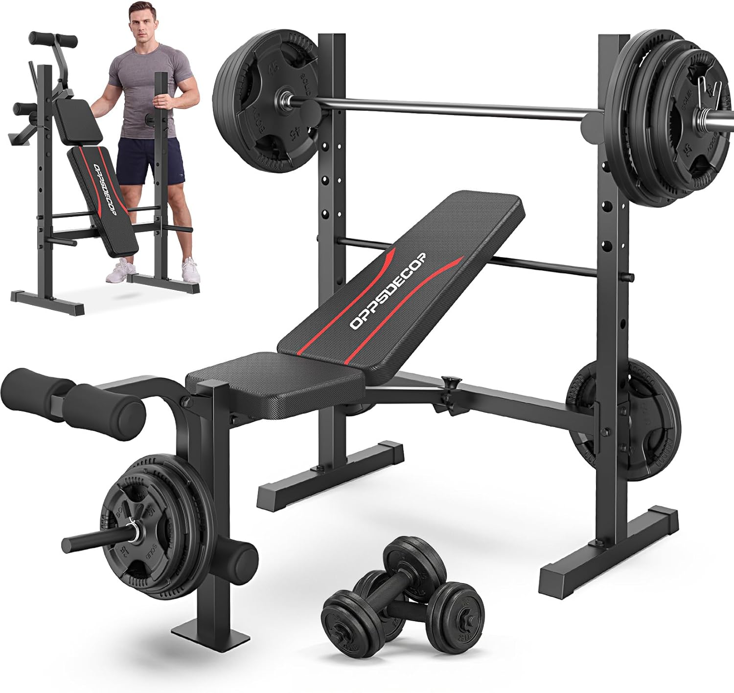 OPPSDECOR Weight Bench Set, Multi-Function Adjustable Bench Press with Squat Rack Leg Extension & Leg Curl Workout Bench Foldable Workout Bench Flat/Incline/Decline Upgrade Weight Benches for Home Gym