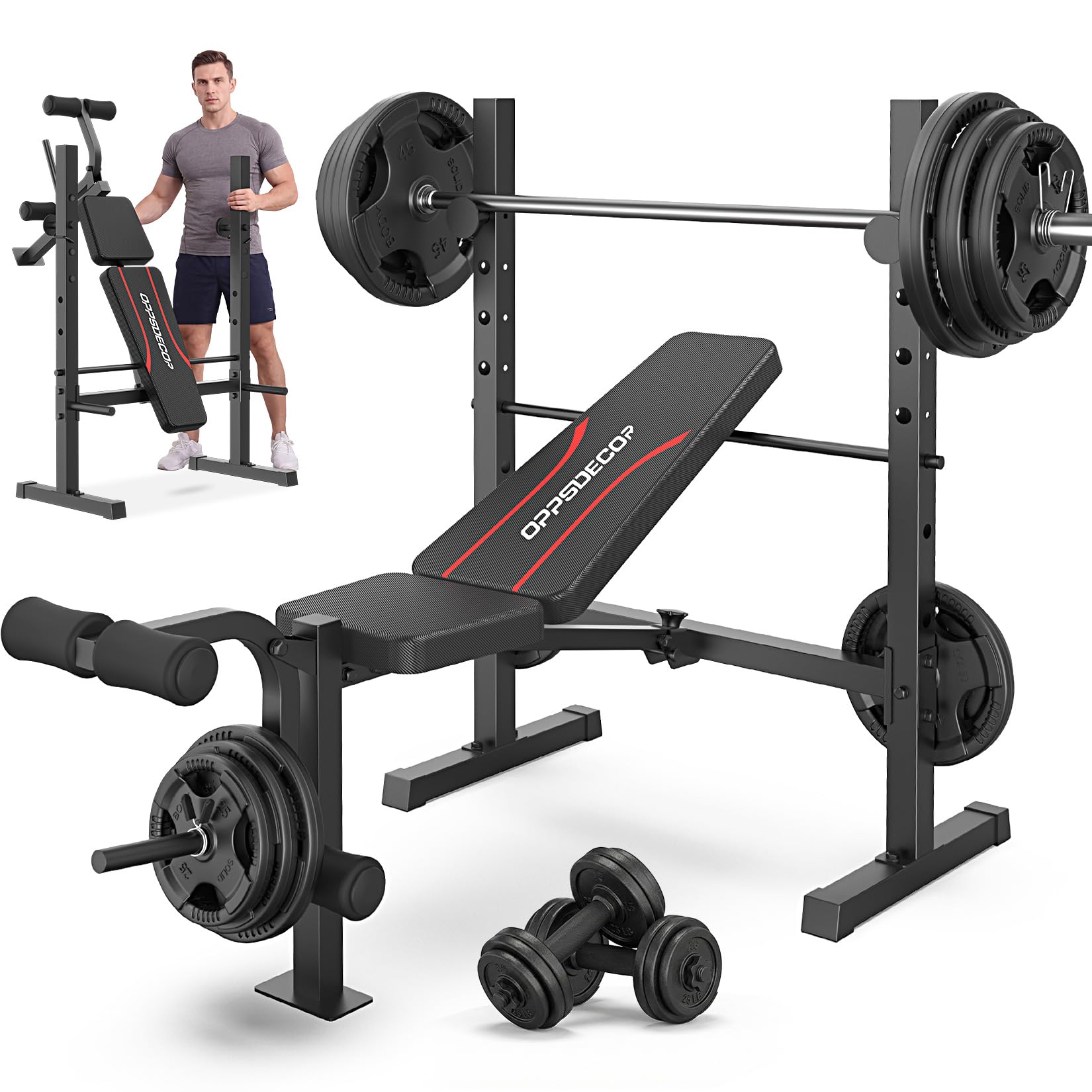 Weight Bench Set, Multi-Function Adjustable Bench Press with Squat Rack Leg Extension & Leg Curl Workout Bench Foldable Workout Bench Flat/Incline/Decline Upgrade Weight Benches for Home Gym